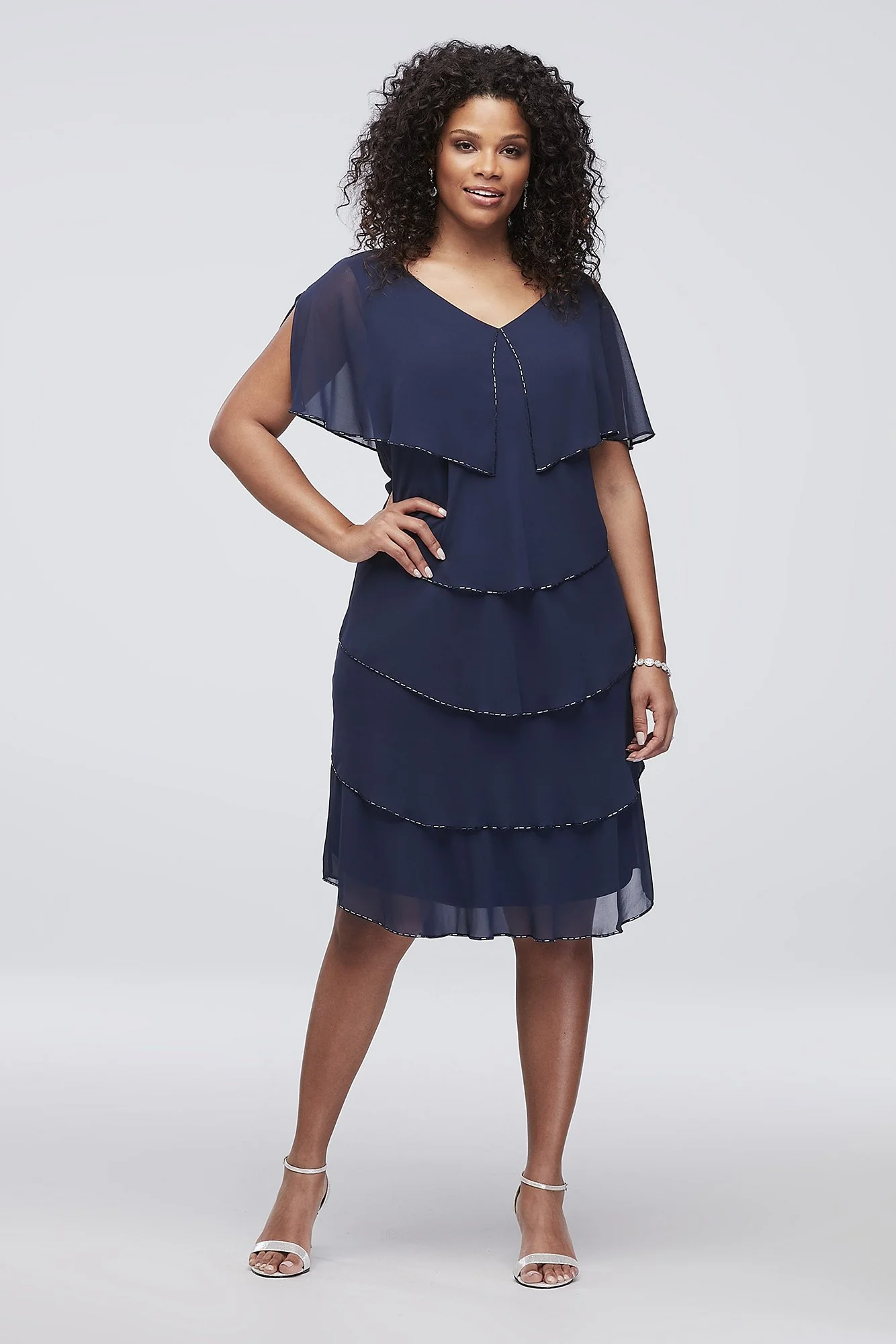 Tiered Chiffon Short Sheath Dress with Beaded Trim - Image 2