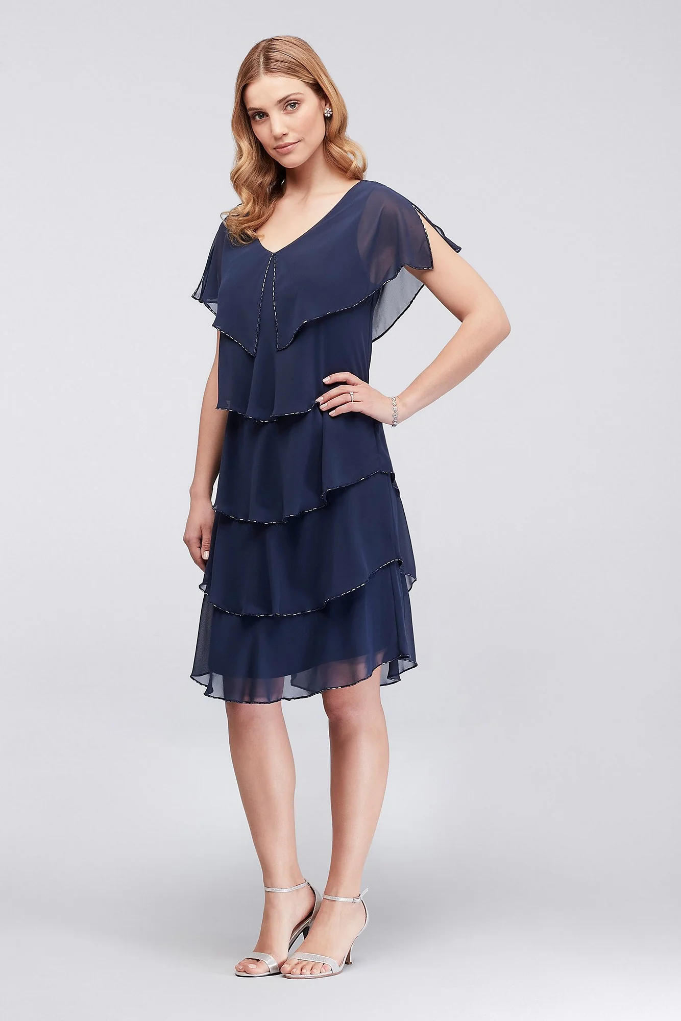 Tiered Chiffon Short Sheath Dress with Beaded Trim - Image 3