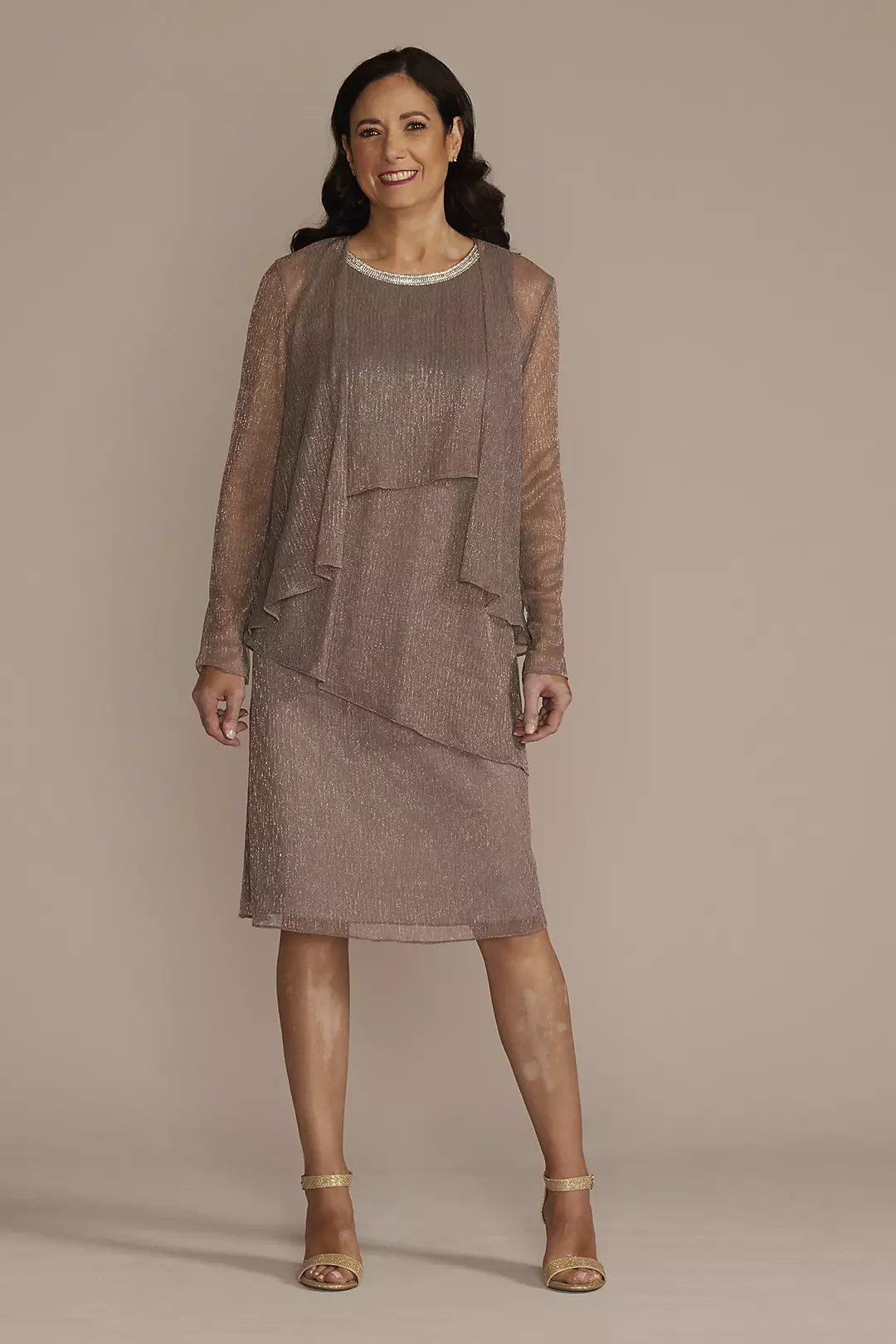 Tiered Metallic Jacket Dress with Rhinestone Trim - Image 3
