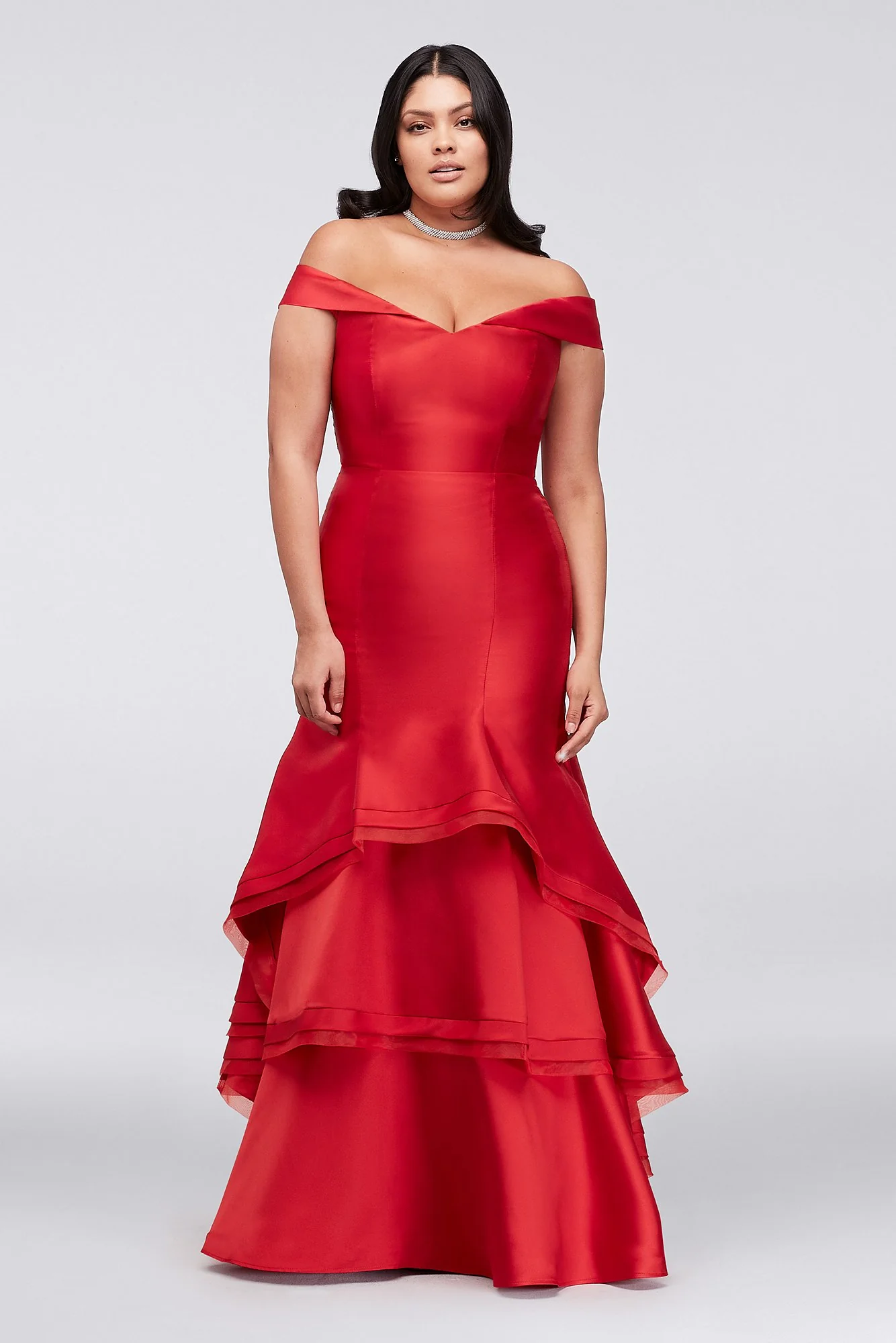Tiered Off-the-Shoulder Satin Mermaid Dress - Image 3