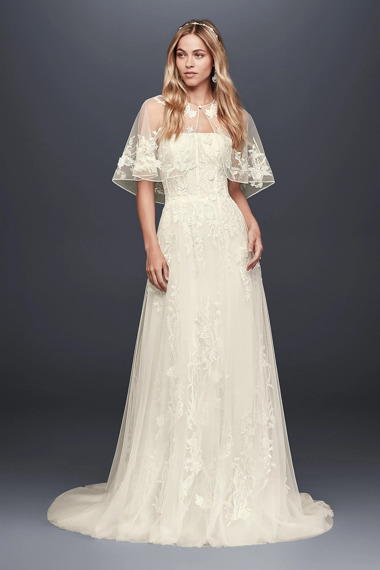Trailing Floral Lace Wedding Gown with Capelet - Image 4