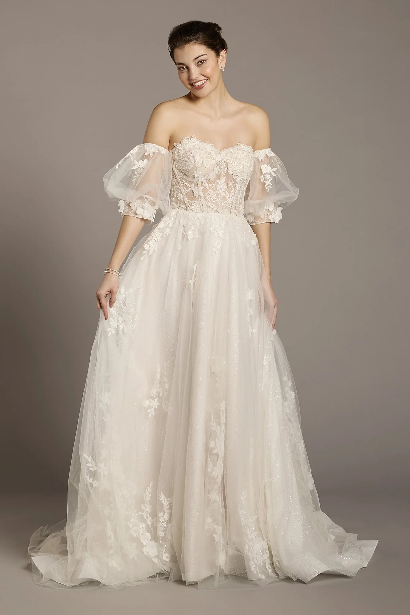 Tulle and Lace Applique Ball Gown with Puff Sleeve - Image 2