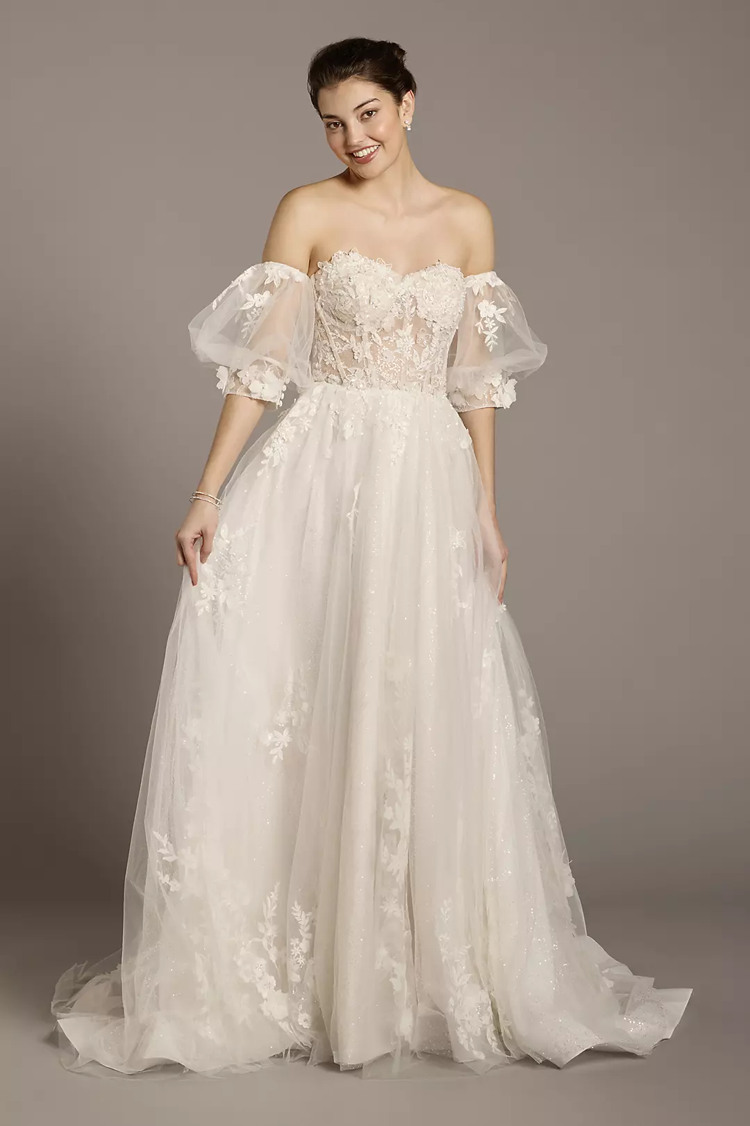 Tulle and Lace Applique Ball Gown with Puff Sleeve - Image 9