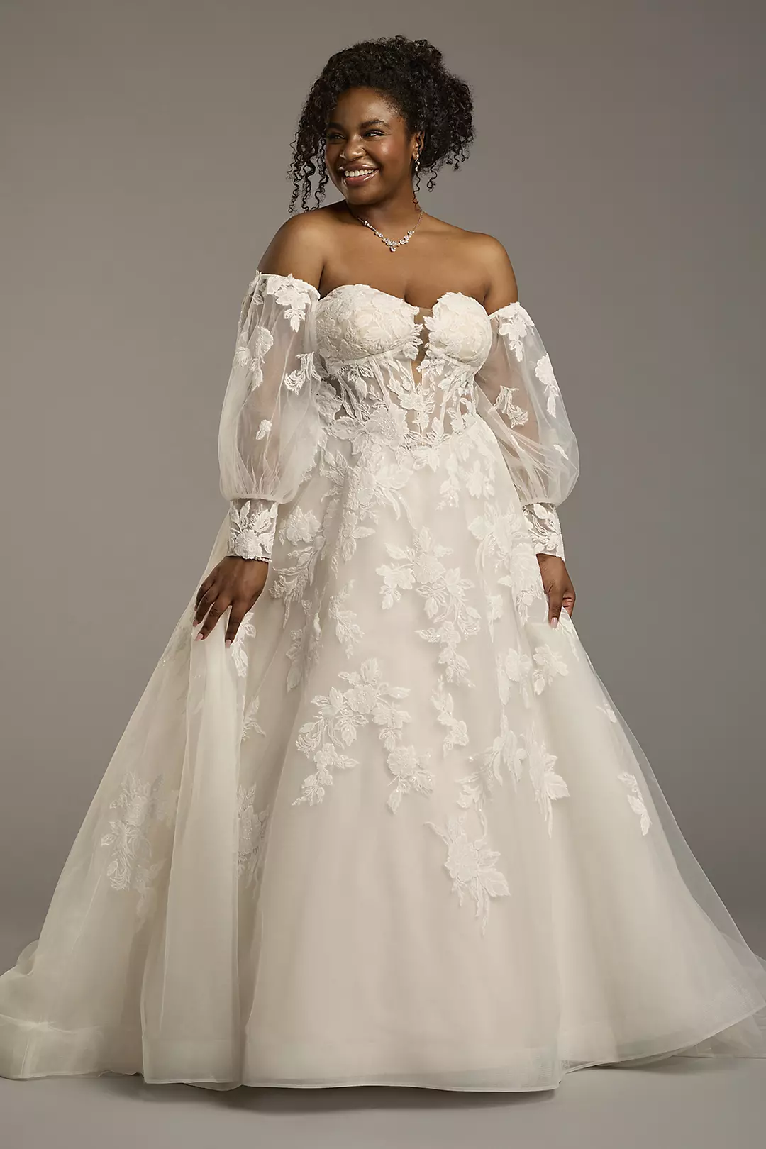 Tulle Billow Sleeve Ball Gown with Lace Appliques - Image 10