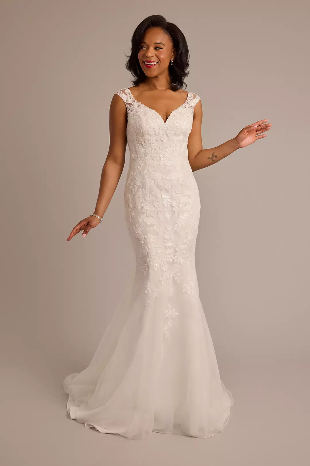 Tulle Illusion Cap Sleeve Mermaid Wedding Dress - Image 16