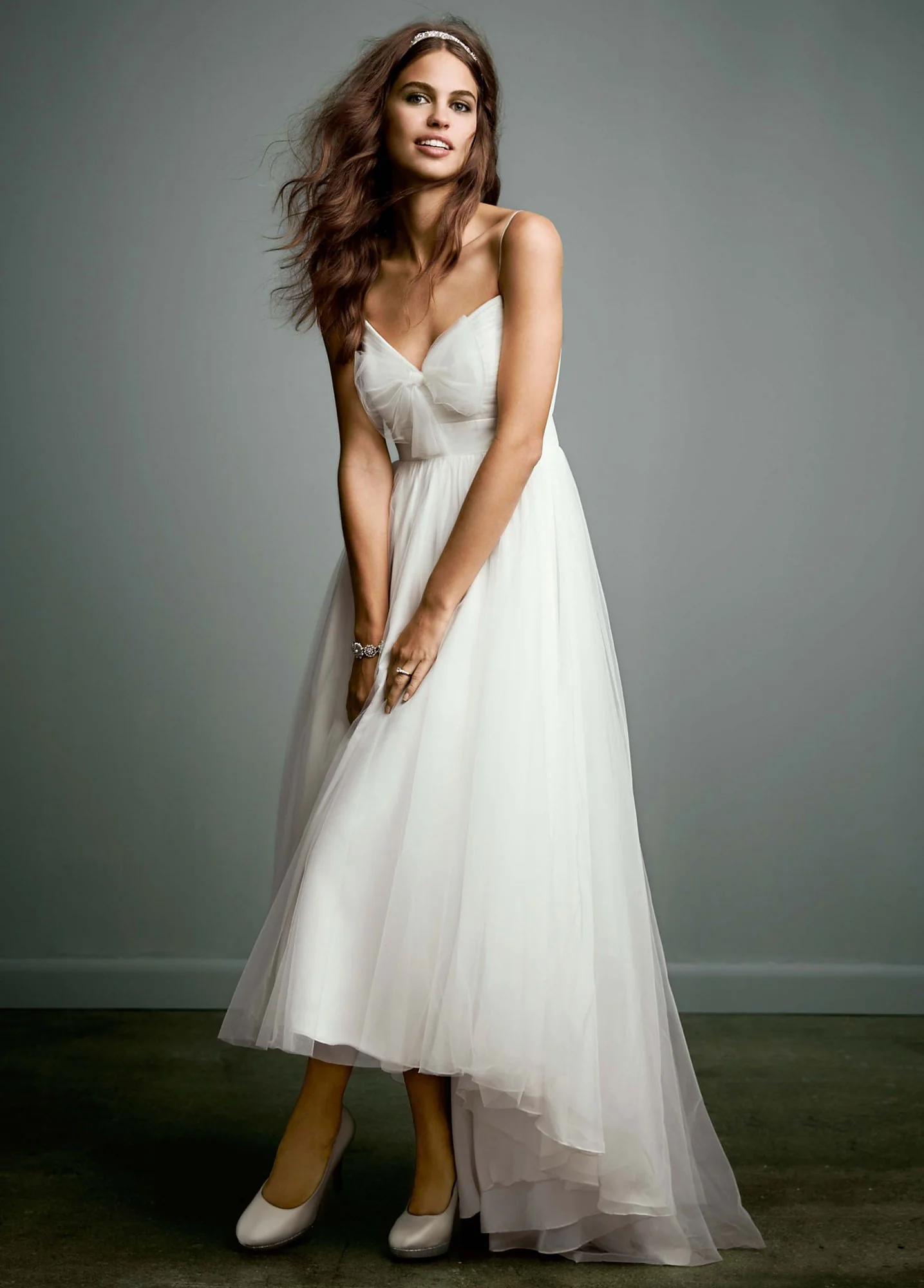 Tulle Over Chiffon High Low Dress with Bow Accent - Image 2
