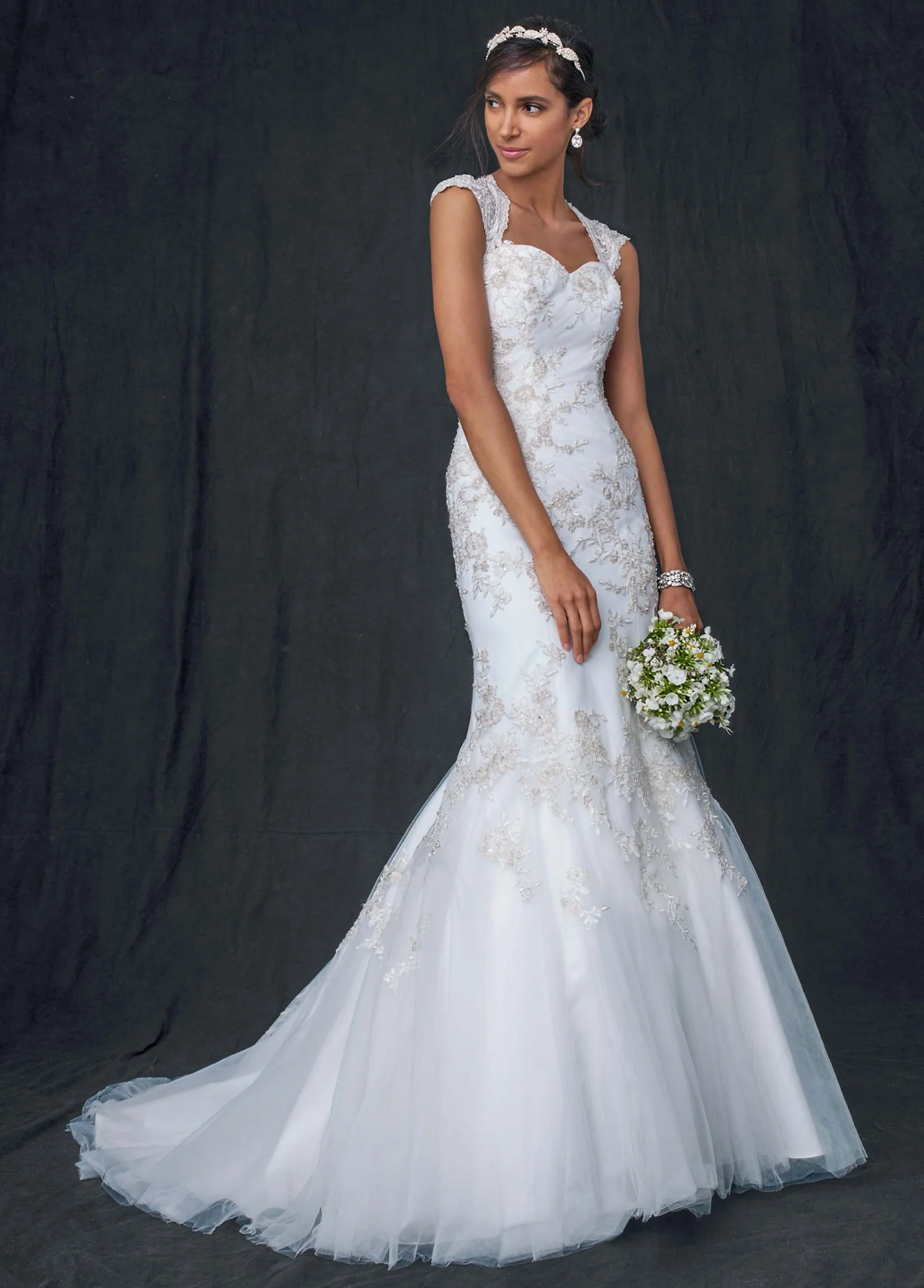 Tulle Over Satin Cap Sleeve Trumpet Gown - Image 3