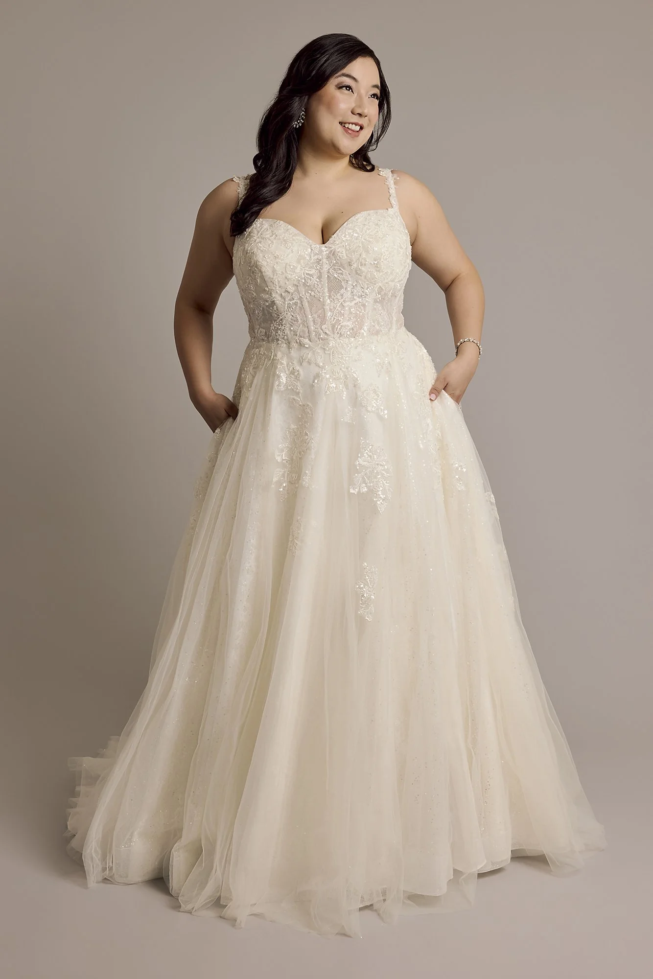 Tulle Tank Ball Gown with Floral Lace Appliques - Image 3