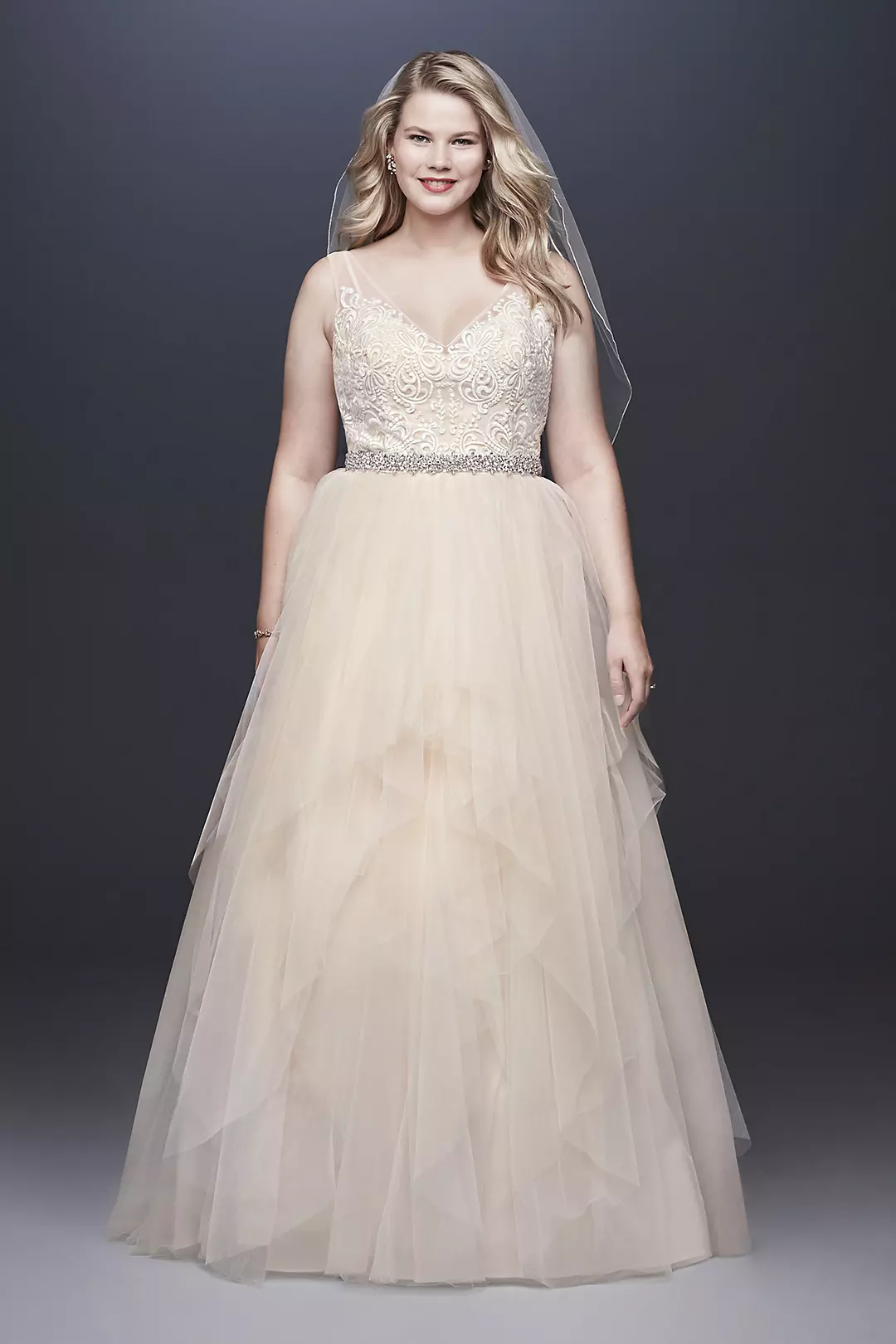 Tulle Tank V-Neck Ball Gown with Layered Skirt - Image 11