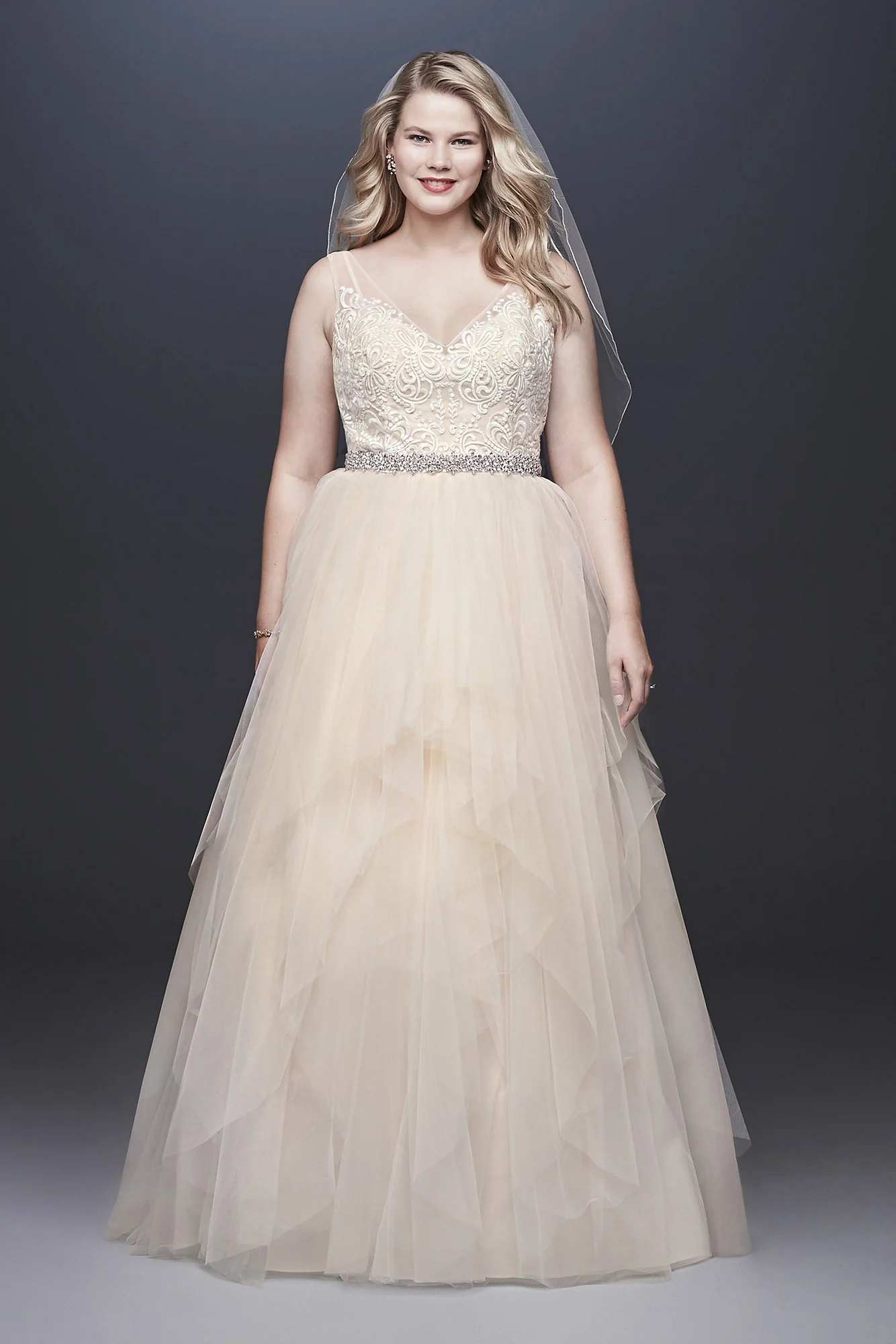 Tulle Tank V-Neck Ball Gown with Layered Skirt - Image 4