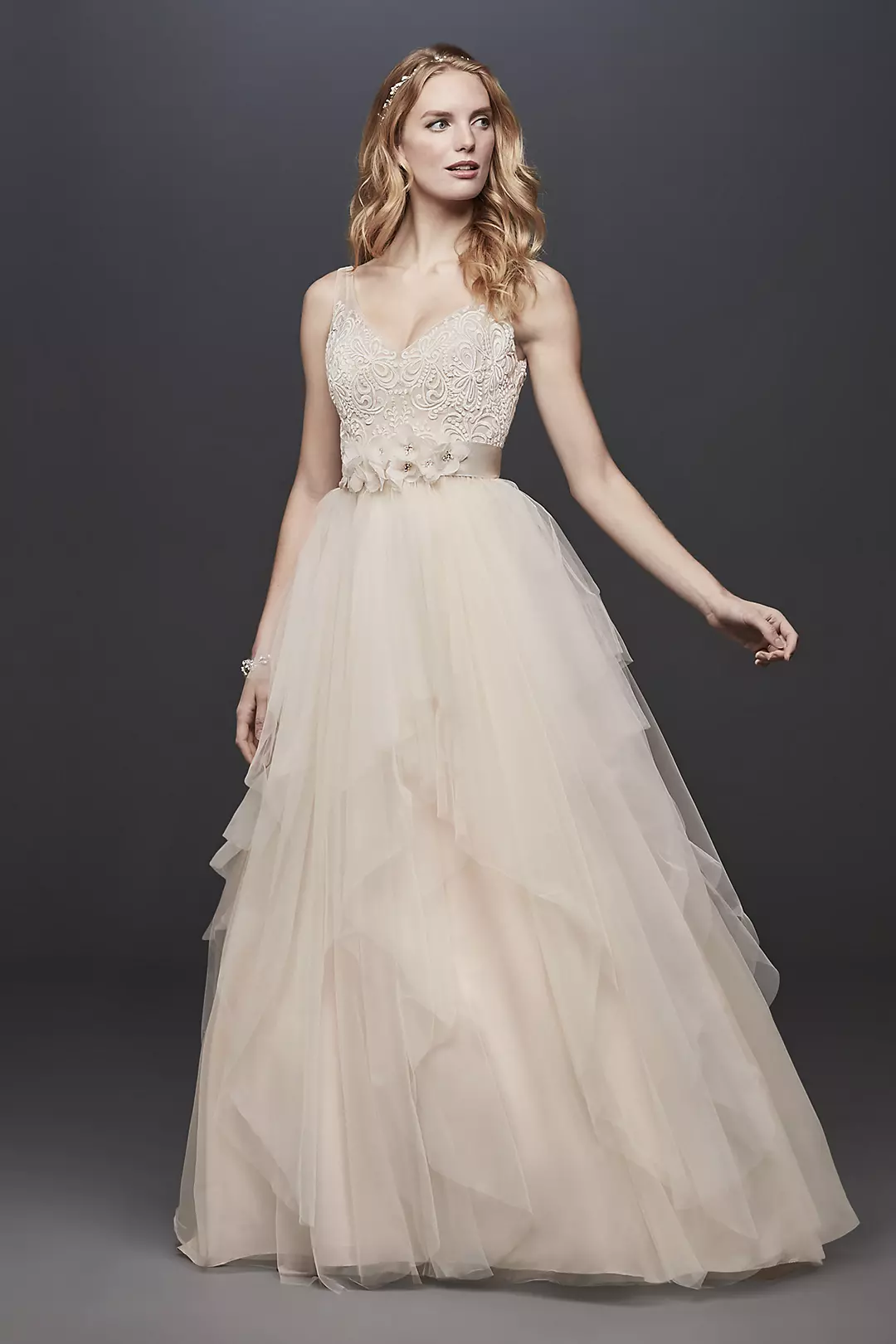 Tulle Tank V-Neck Ball Gown with Layered Skirt - Image 8