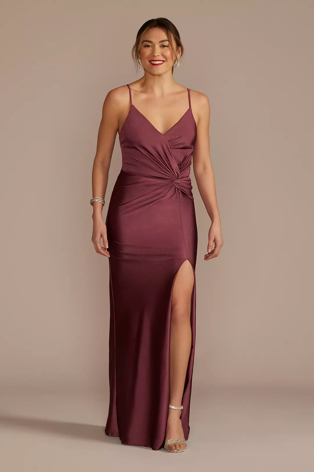 Twist Front Stretch Satin Sheath Dress with Slit - Image 4