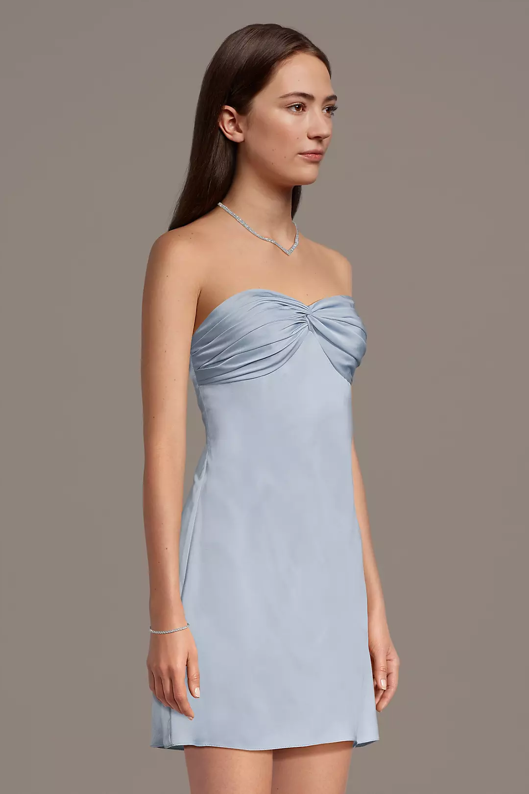 Twist Neckline Empire Waist Charmeuse Mini Dress - Image 4