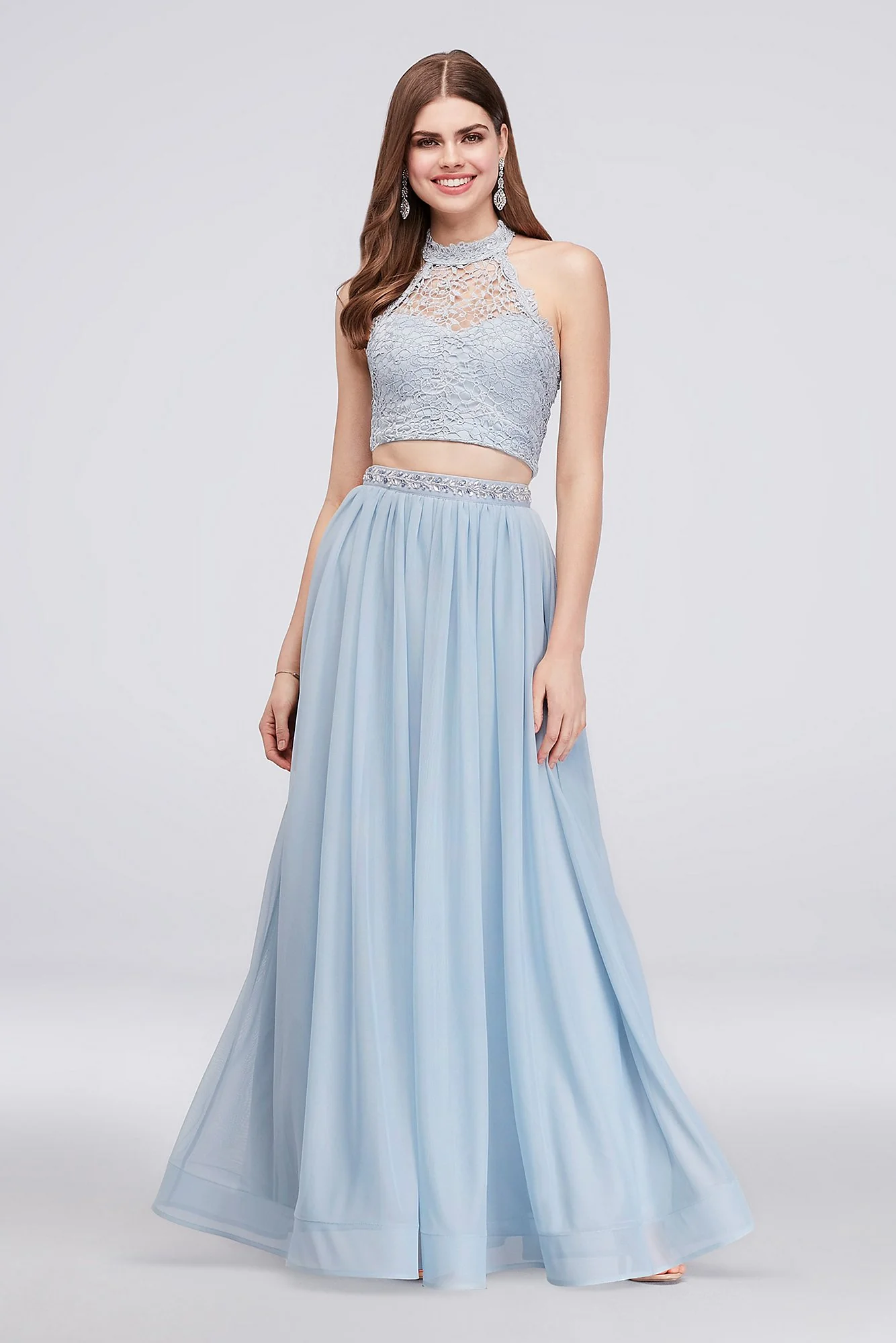 Two-Piece Beaded Jersey and Lace Halter Gown - Image 2