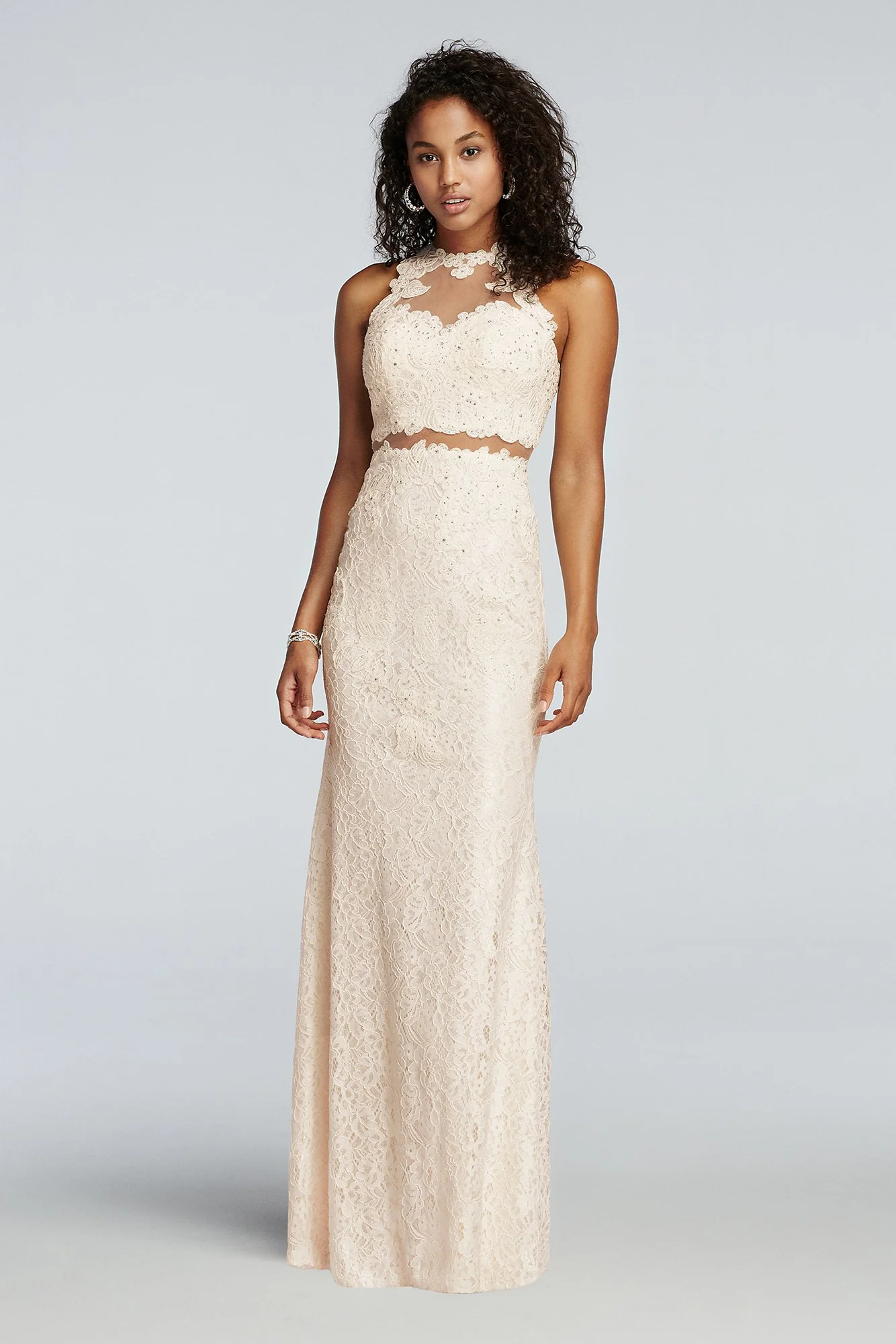 Two Piece Beaded Lace Prom Crop Top and Skirt - Image 2