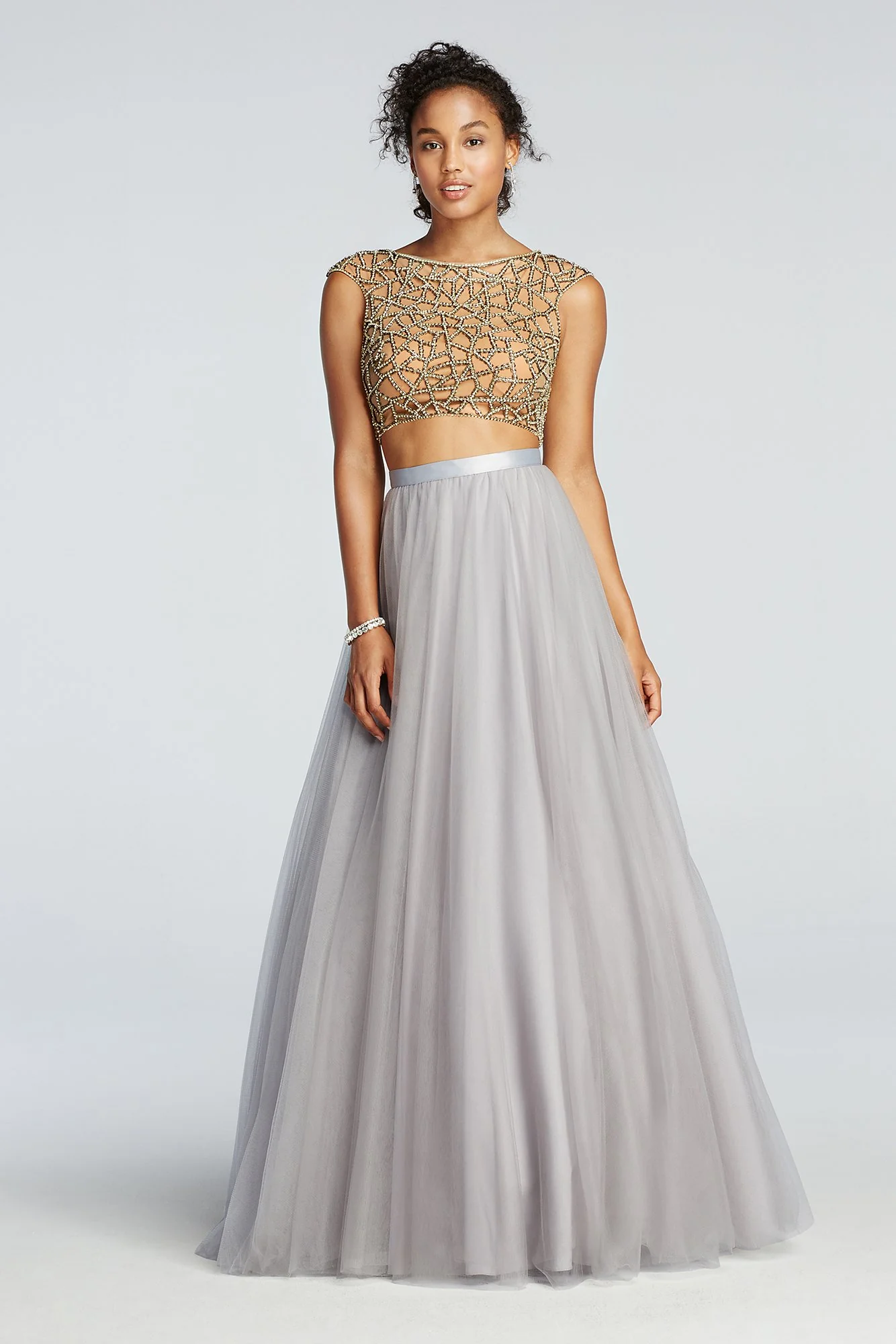 Two Piece Beaded Prom Crop Top with Tulle Skirt