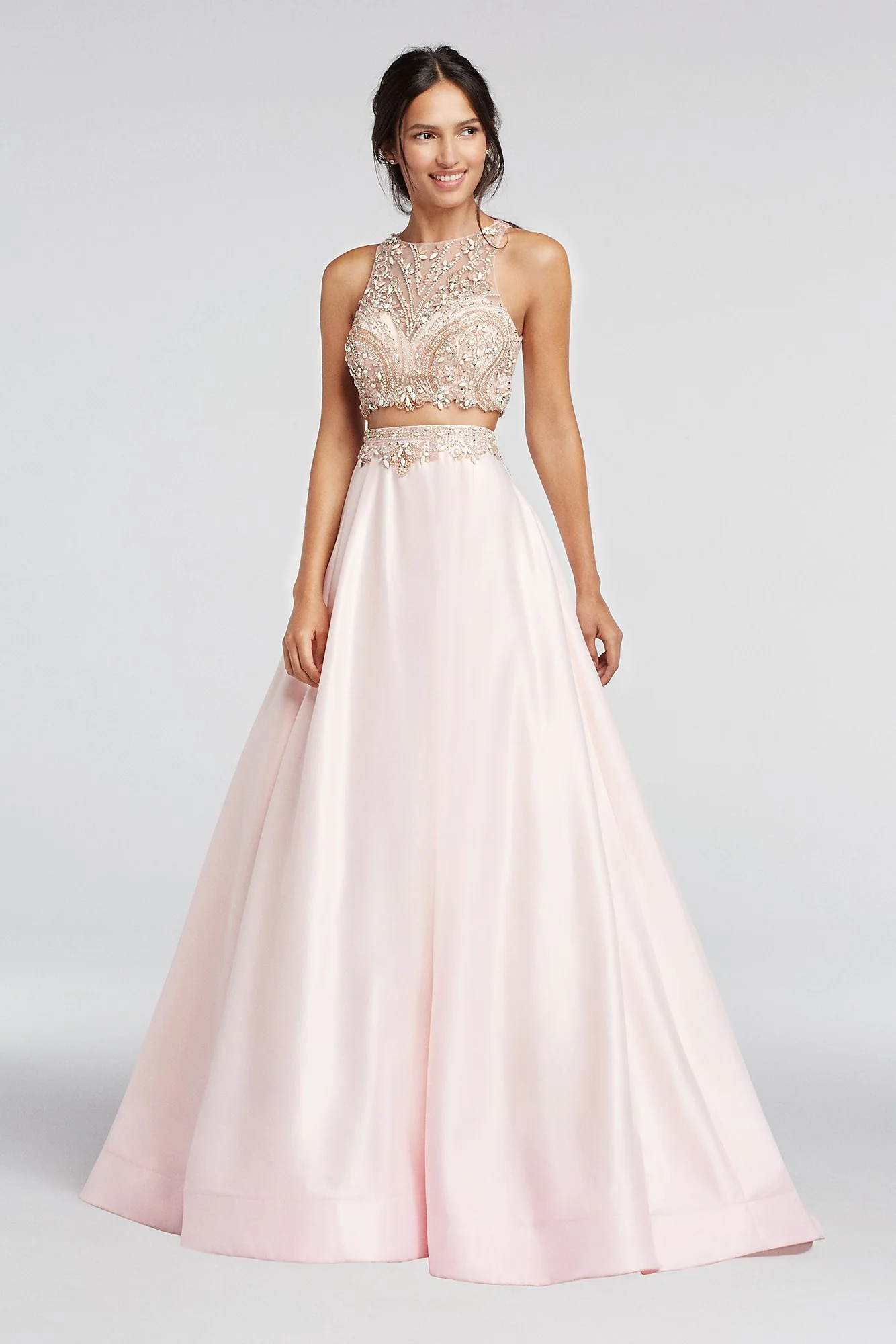 Two Piece Beaded Satin Prom Crop Top and Skirt