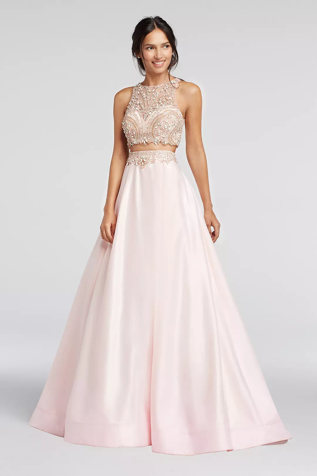Two Piece Beaded Satin Prom Crop Top and Skirt - Image 2