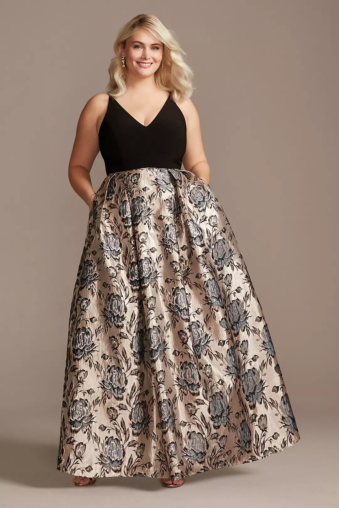 V-Neck Ball Gown with Floral Jacquard Skirt - Image 16