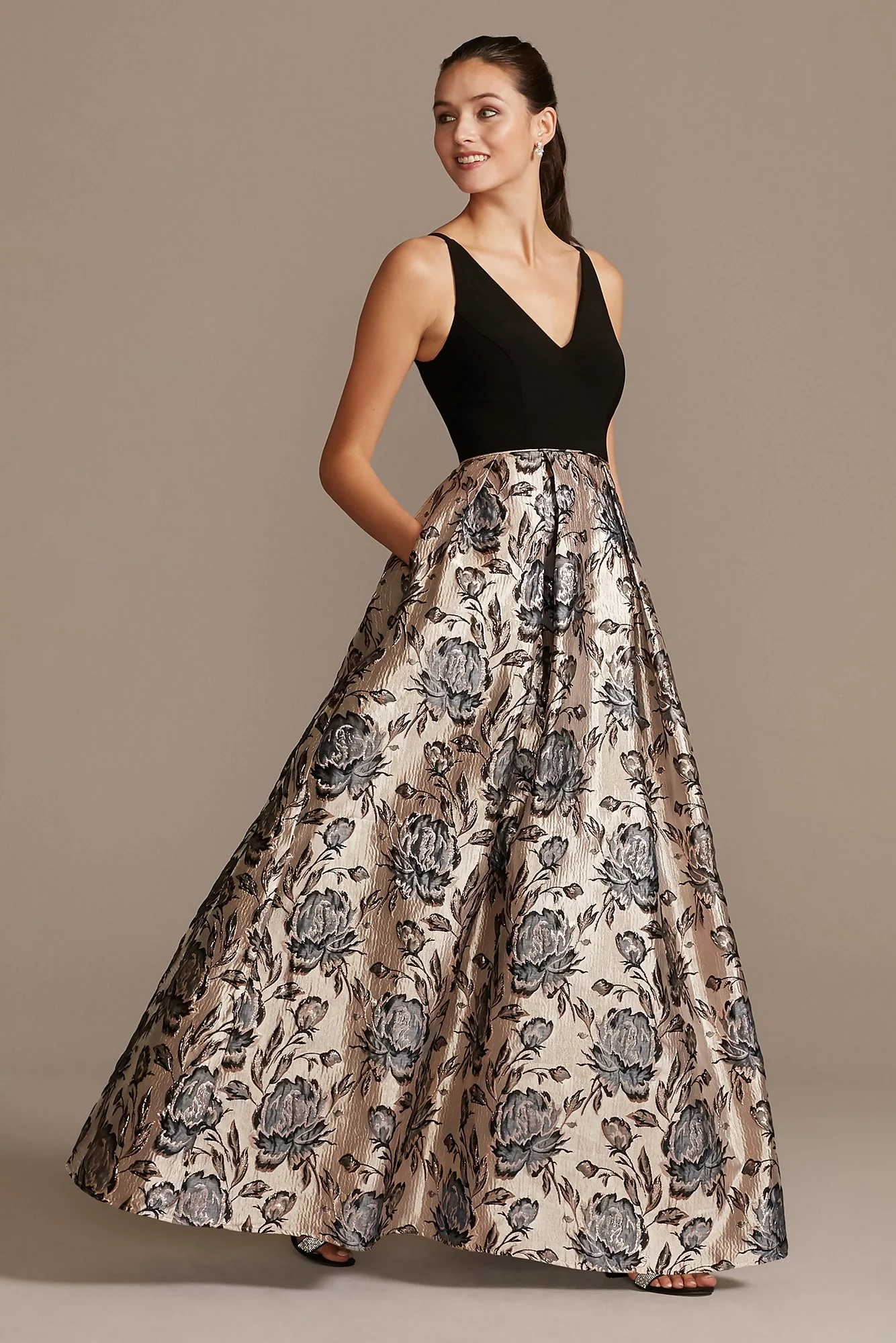 V-Neck Ball Gown with Floral Jacquard Skirt - Image 2