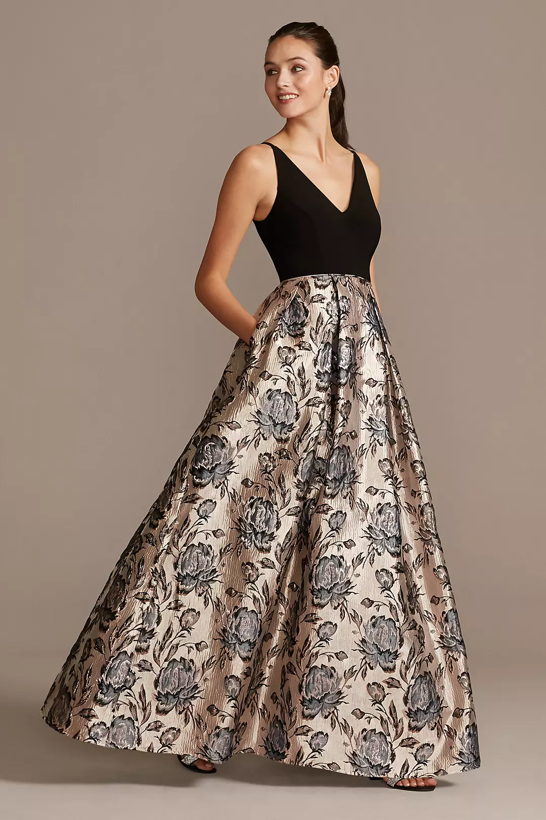V-Neck Ball Gown with Floral Jacquard Skirt - Image 5