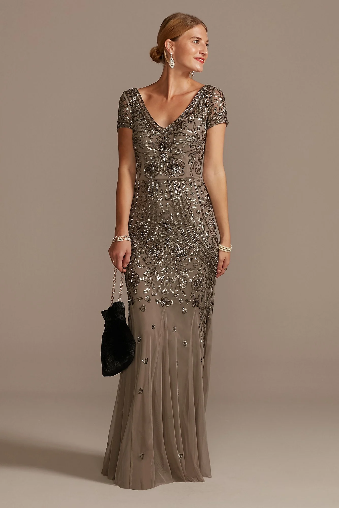 V-neck Beaded Short Sleeve Dress with Godets - Image 2