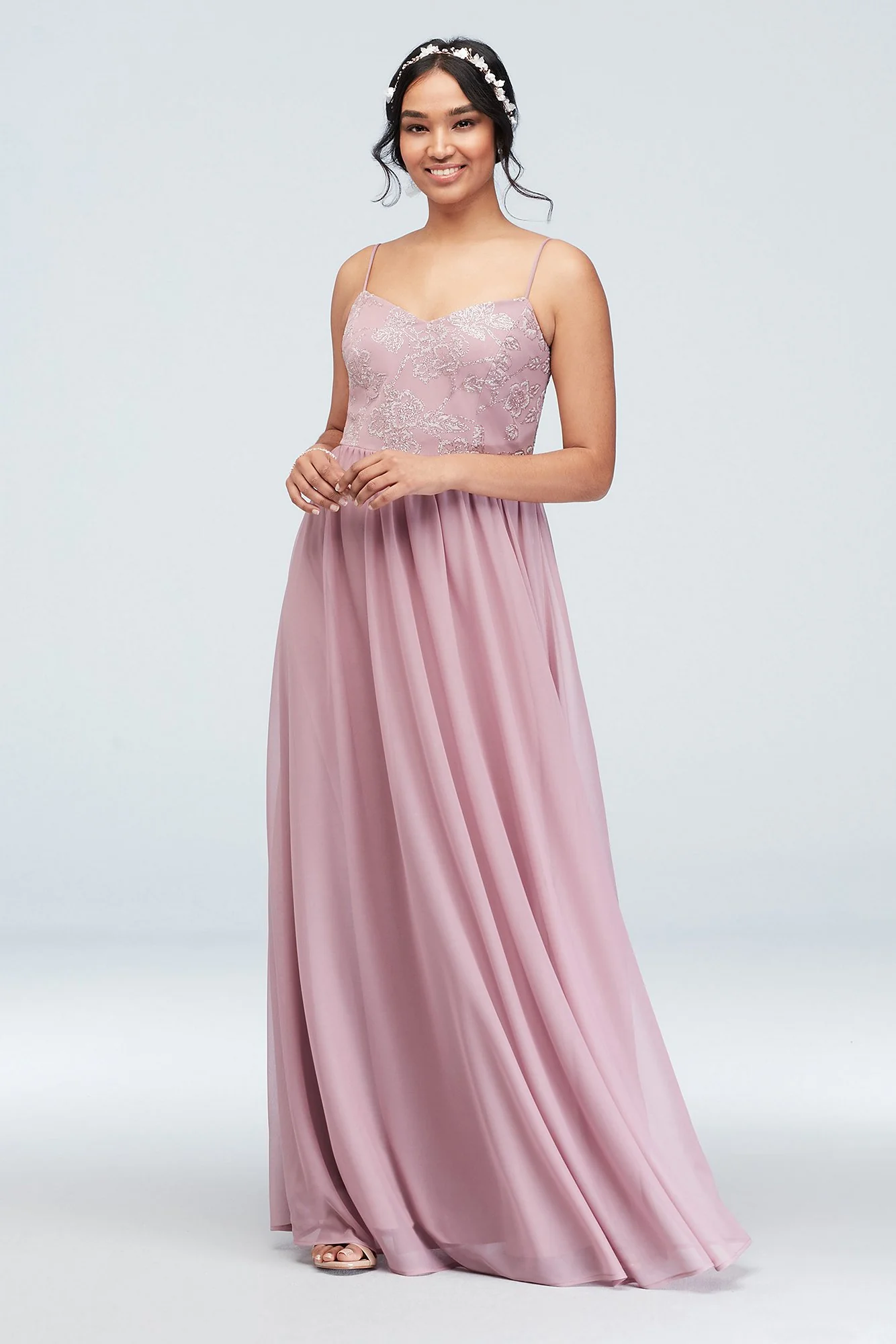 V-Neck Caviar Beaded Floral Chiffon Dress