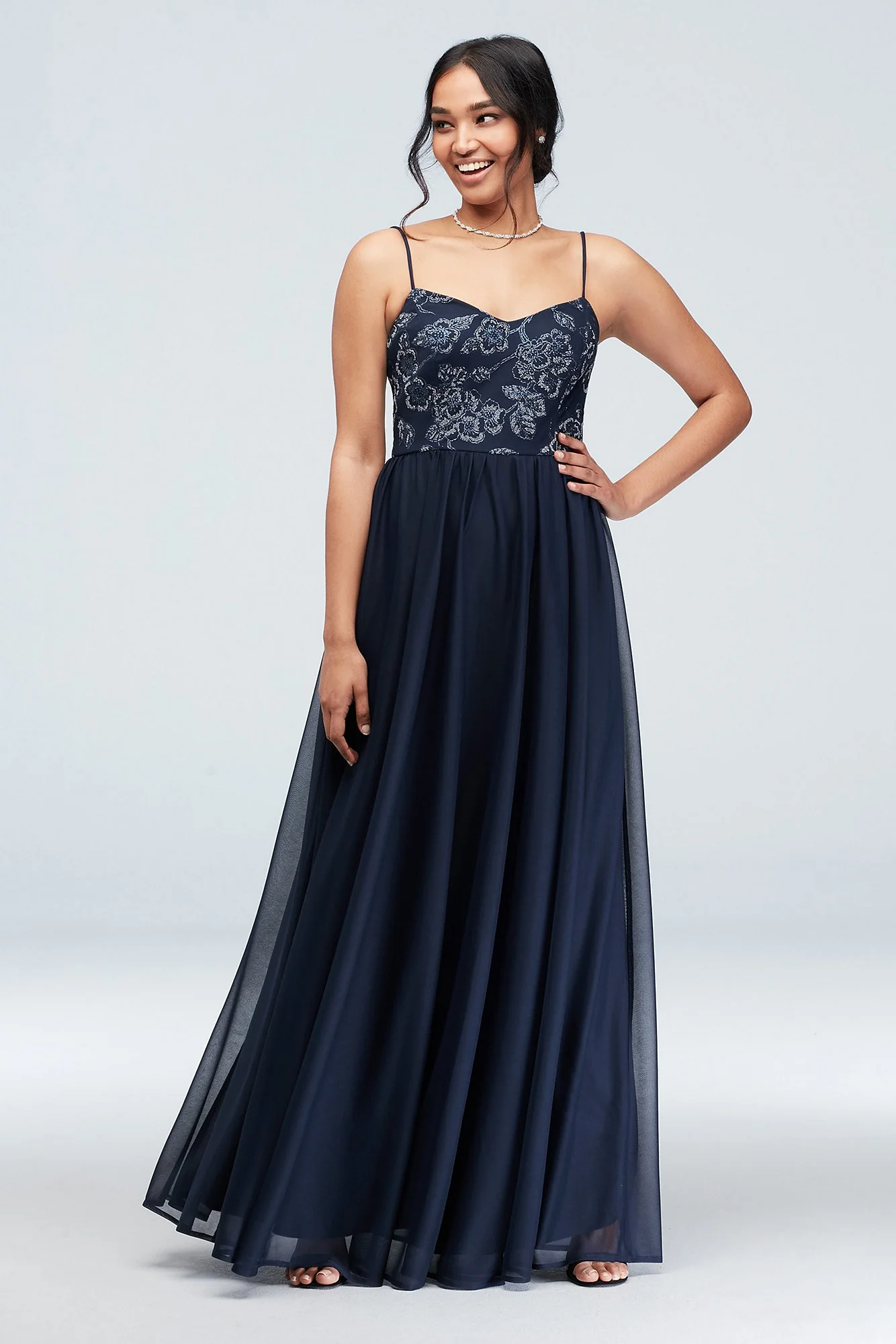V-Neck Caviar Beaded Floral Chiffon Dress - Image 3