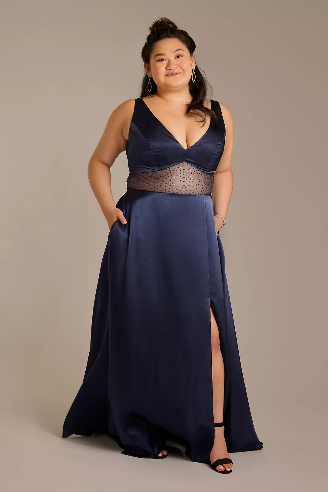 V-Neck Charmeuse Long Dress with Illusion Waist - Image 2