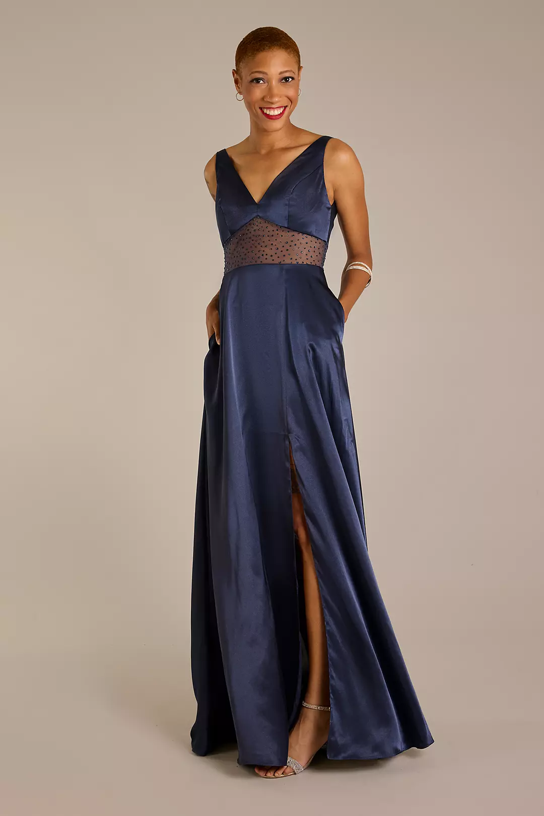 V-Neck Charmeuse Long Dress with Illusion Waist - Image 3