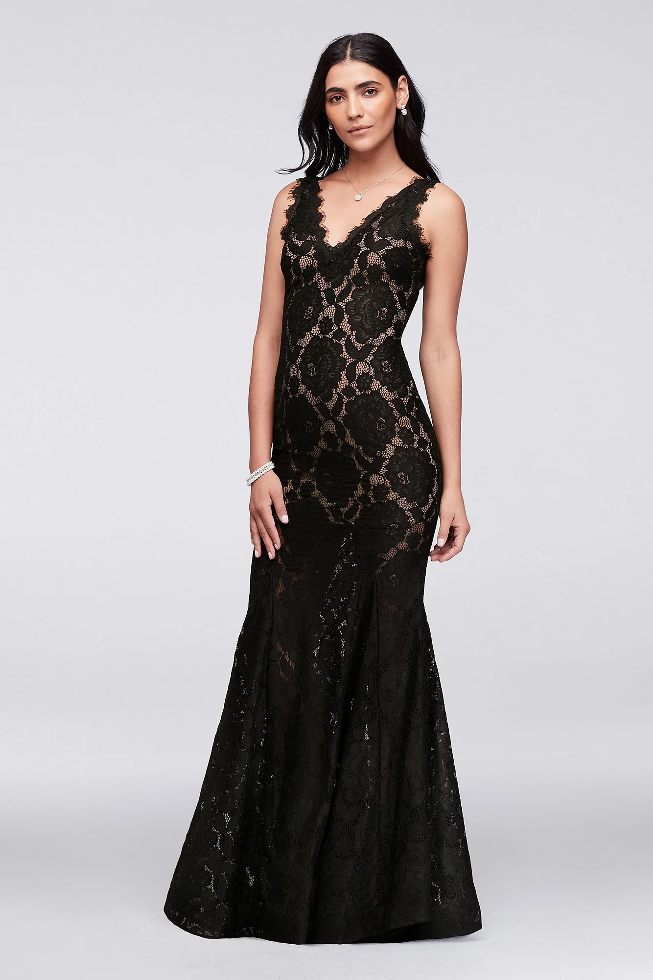 V-Neck Floral Lace Mermaid Gown with Eyelash Trim - Image 2