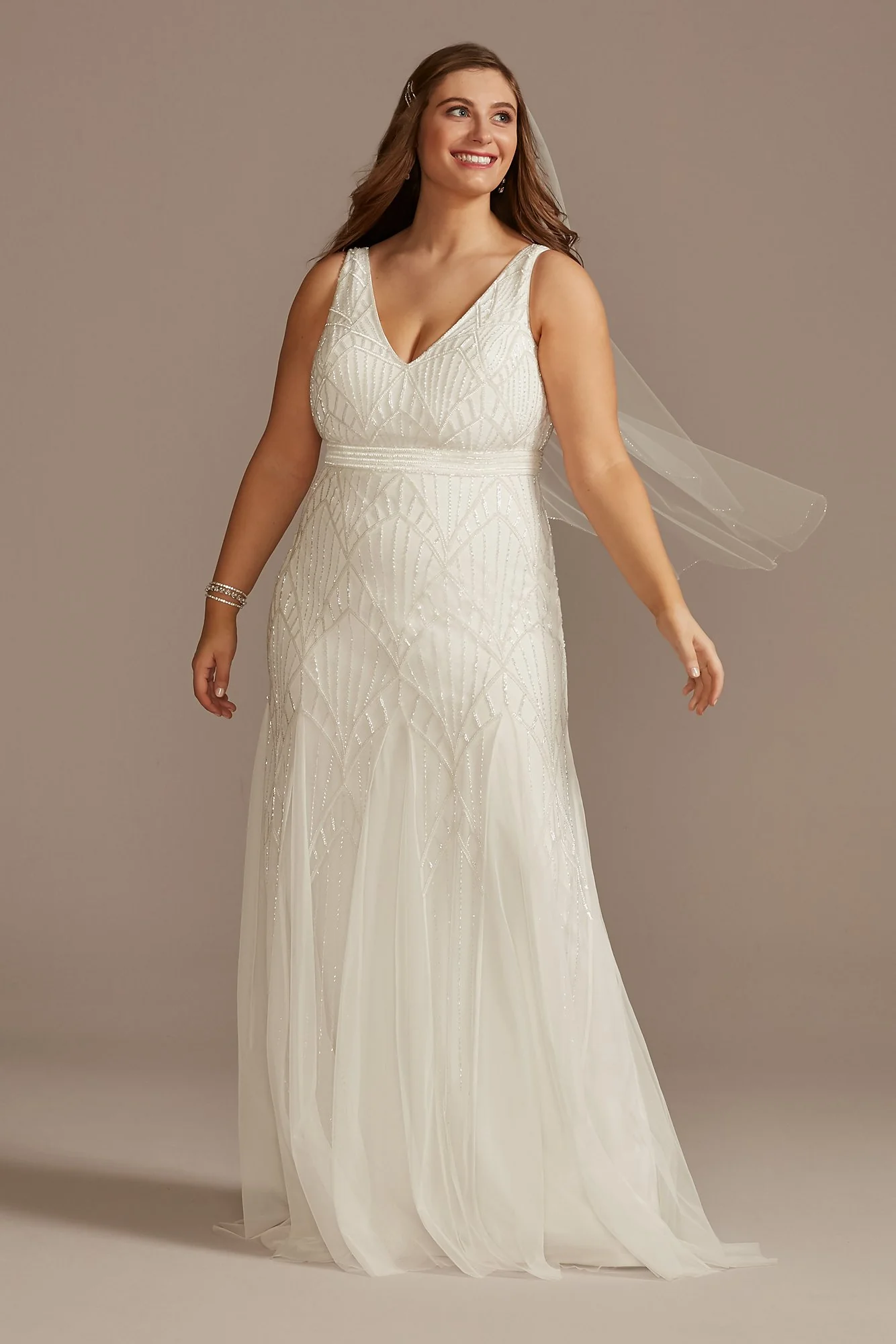 V-Neck Geometric Beaded Wedding Dress with Godets - Image 2