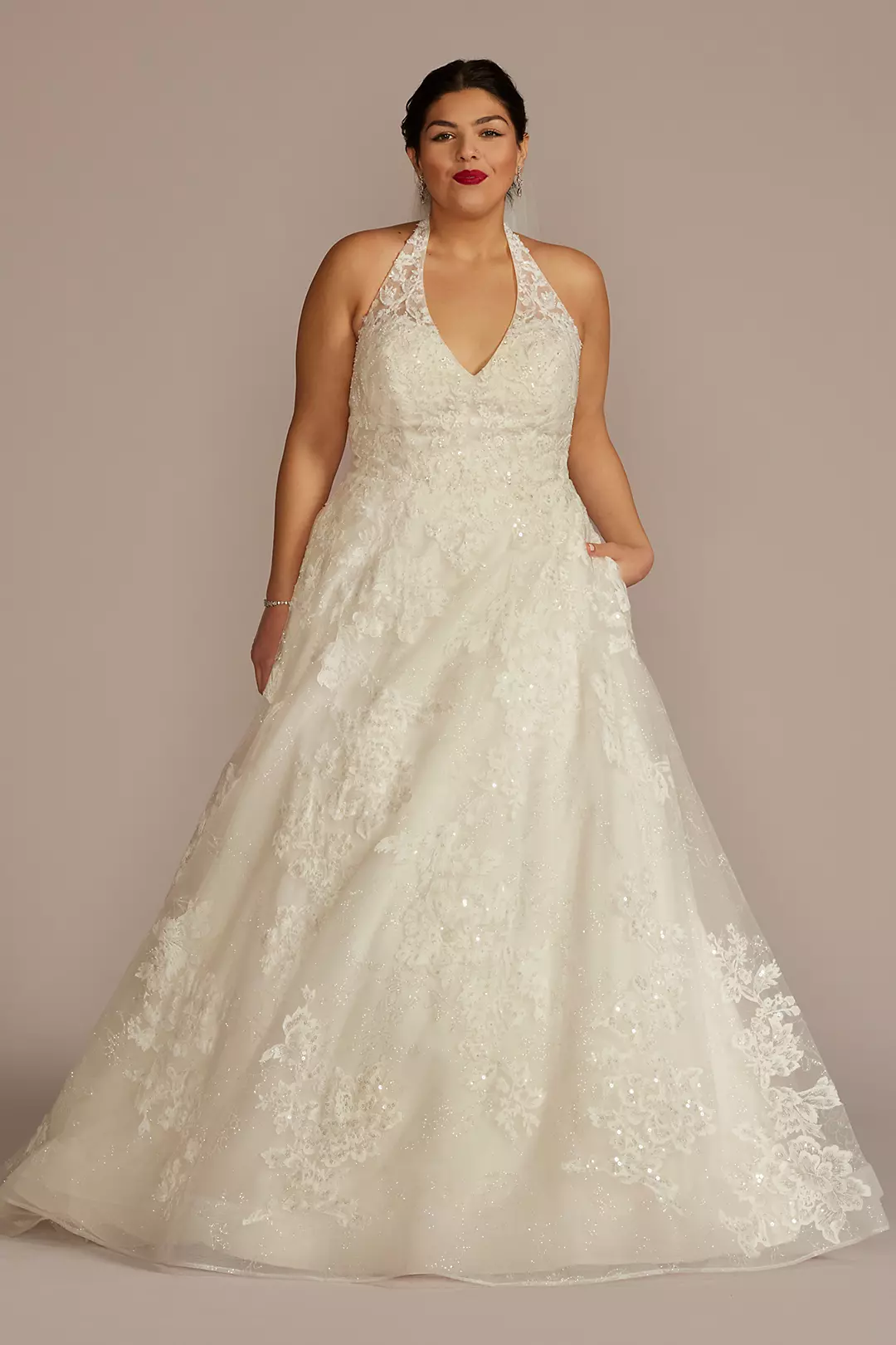 V-Neck Halter Beaded Lace Ball Gown Wedding Dress - Image 20