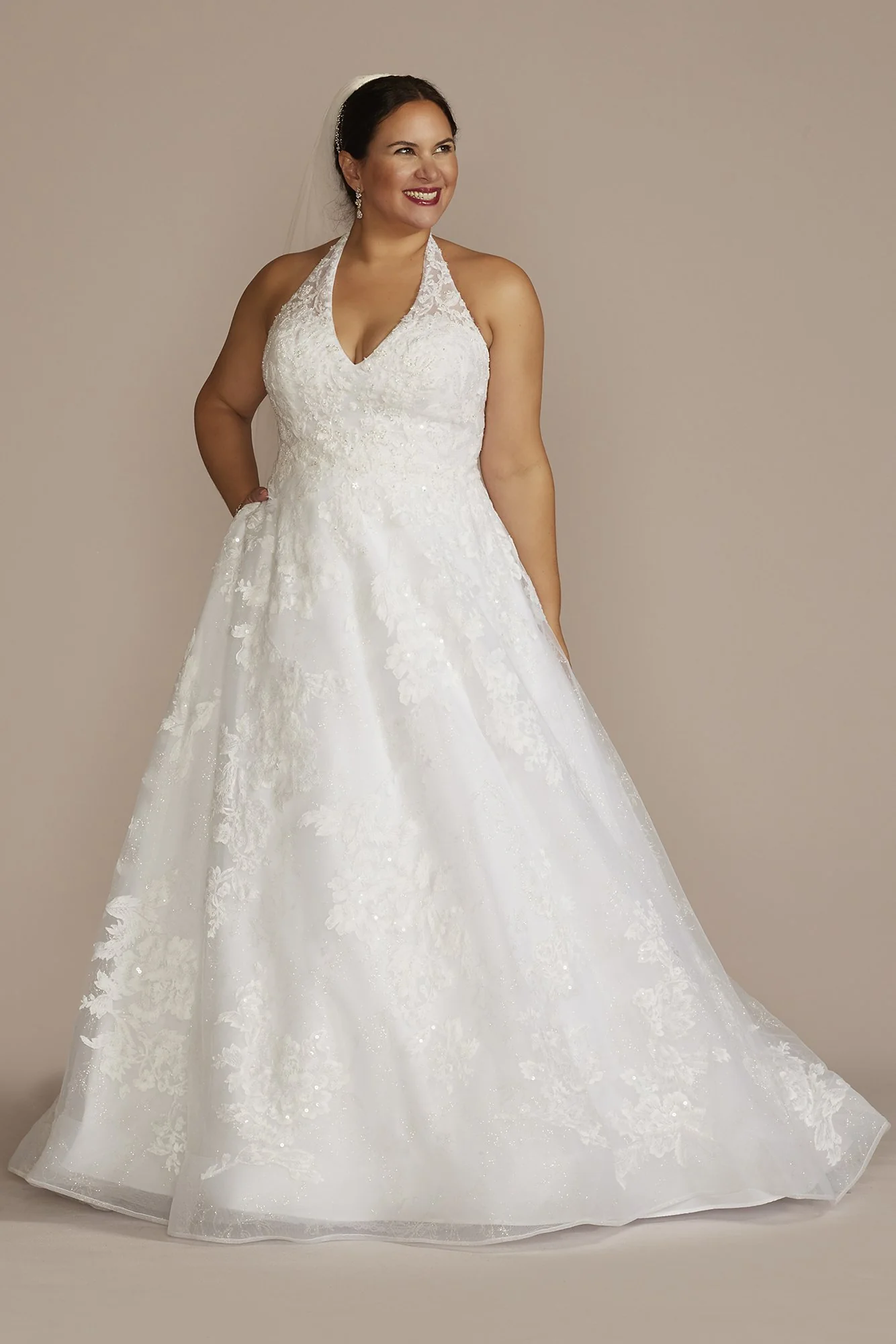 V-Neck Halter Beaded Lace Ball Gown Wedding Dress - Image 4