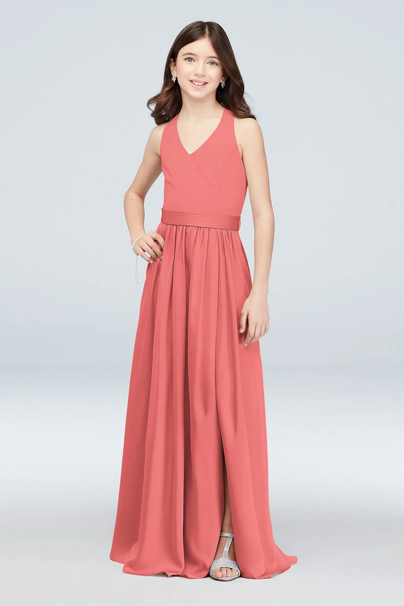 V-Neck Halter Junior Bridesmaid Dress with Sash - Image 12