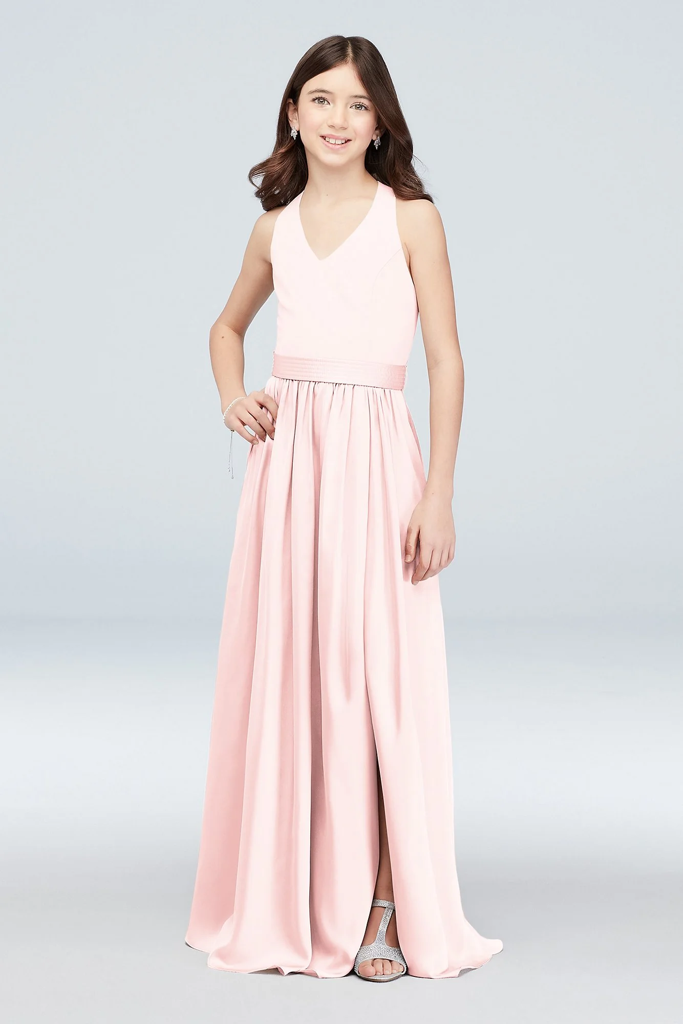 V-Neck Halter Junior Bridesmaid Dress with Sash - Image 13