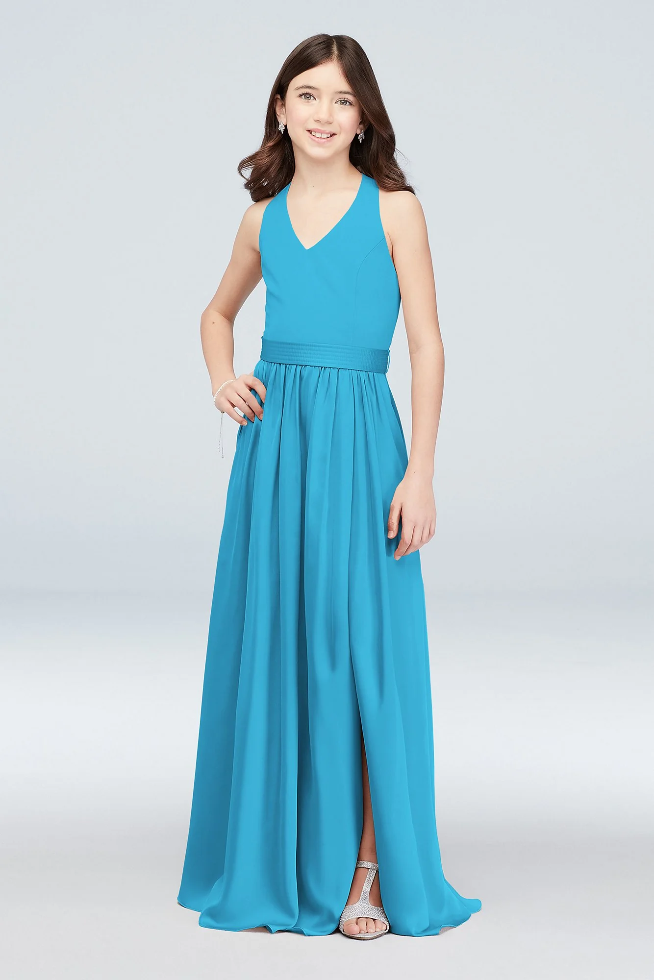 V-Neck Halter Junior Bridesmaid Dress with Sash - Image 22