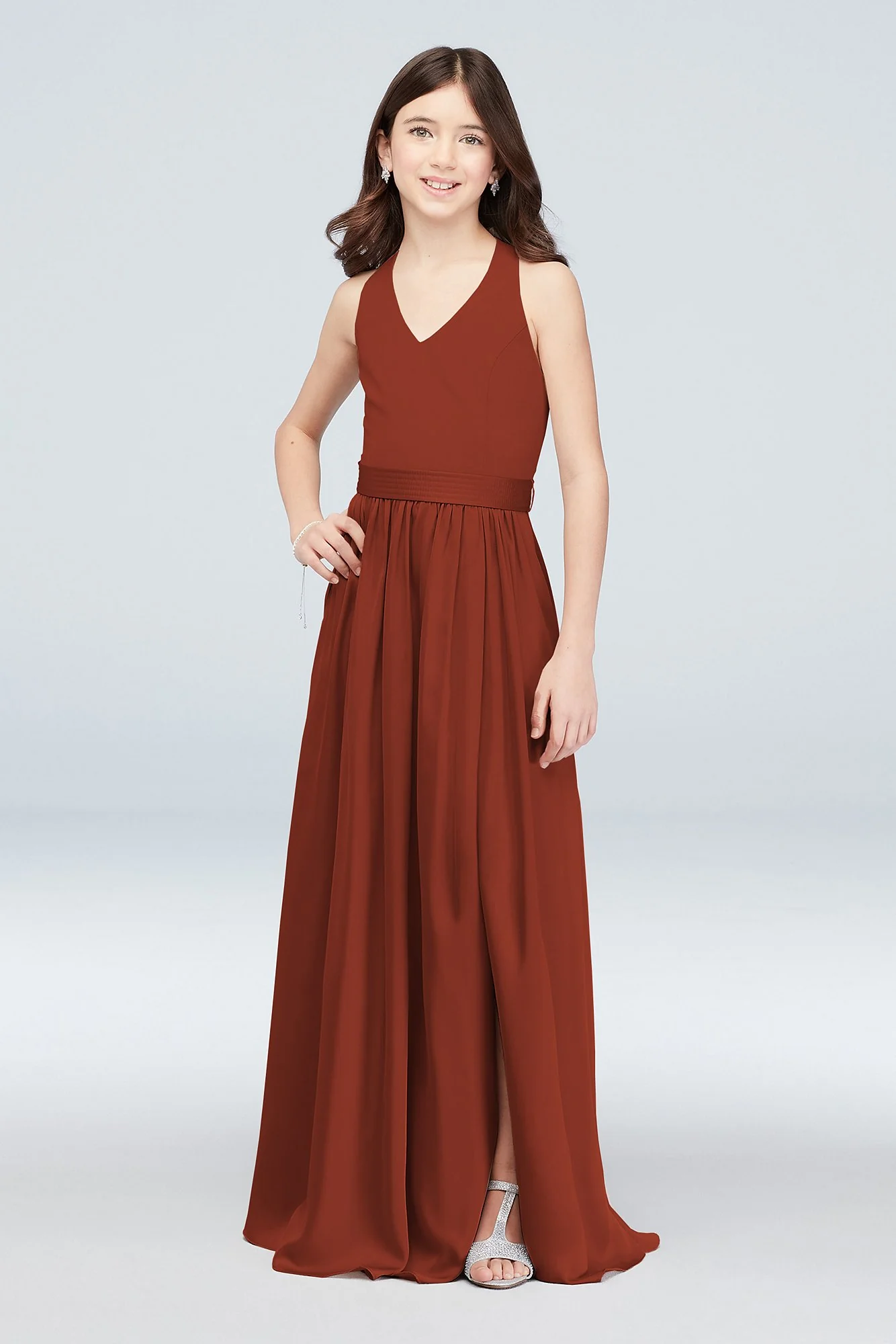 V-Neck Halter Junior Bridesmaid Dress with Sash - Image 26