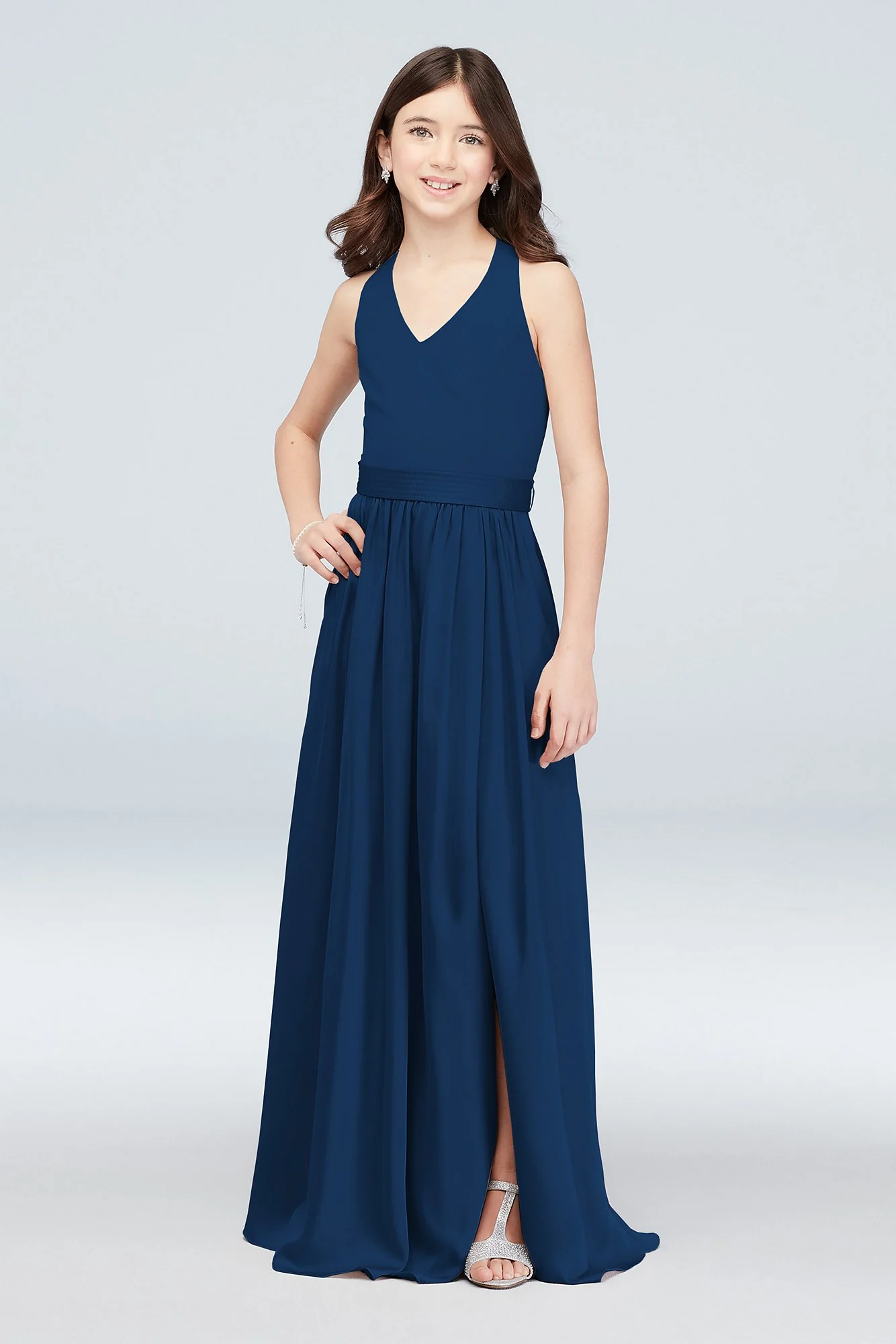 V-Neck Halter Junior Bridesmaid Dress with Sash - Image 27