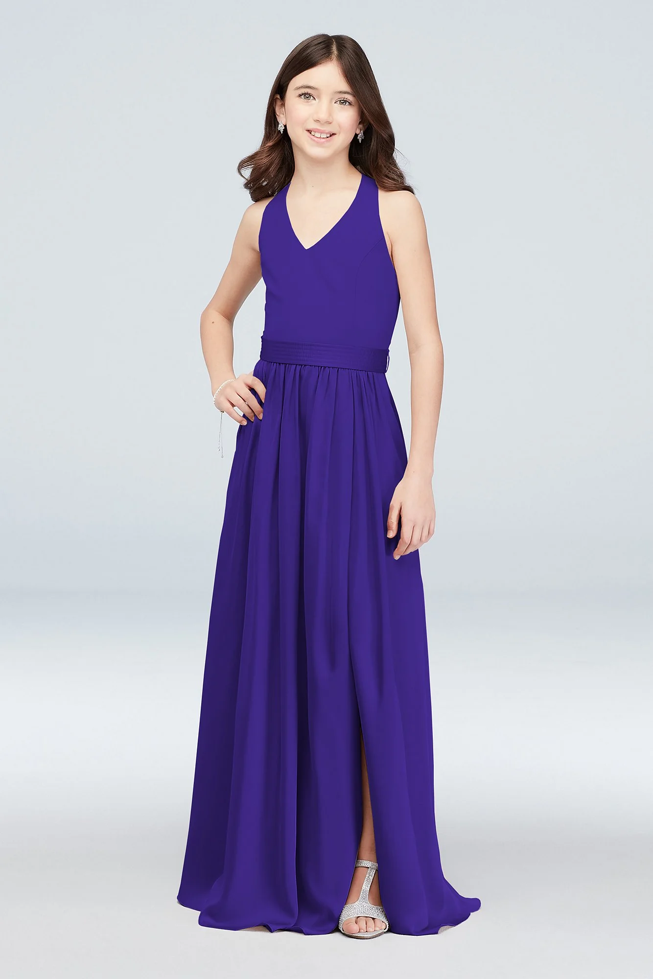 V-Neck Halter Junior Bridesmaid Dress with Sash - Image 33