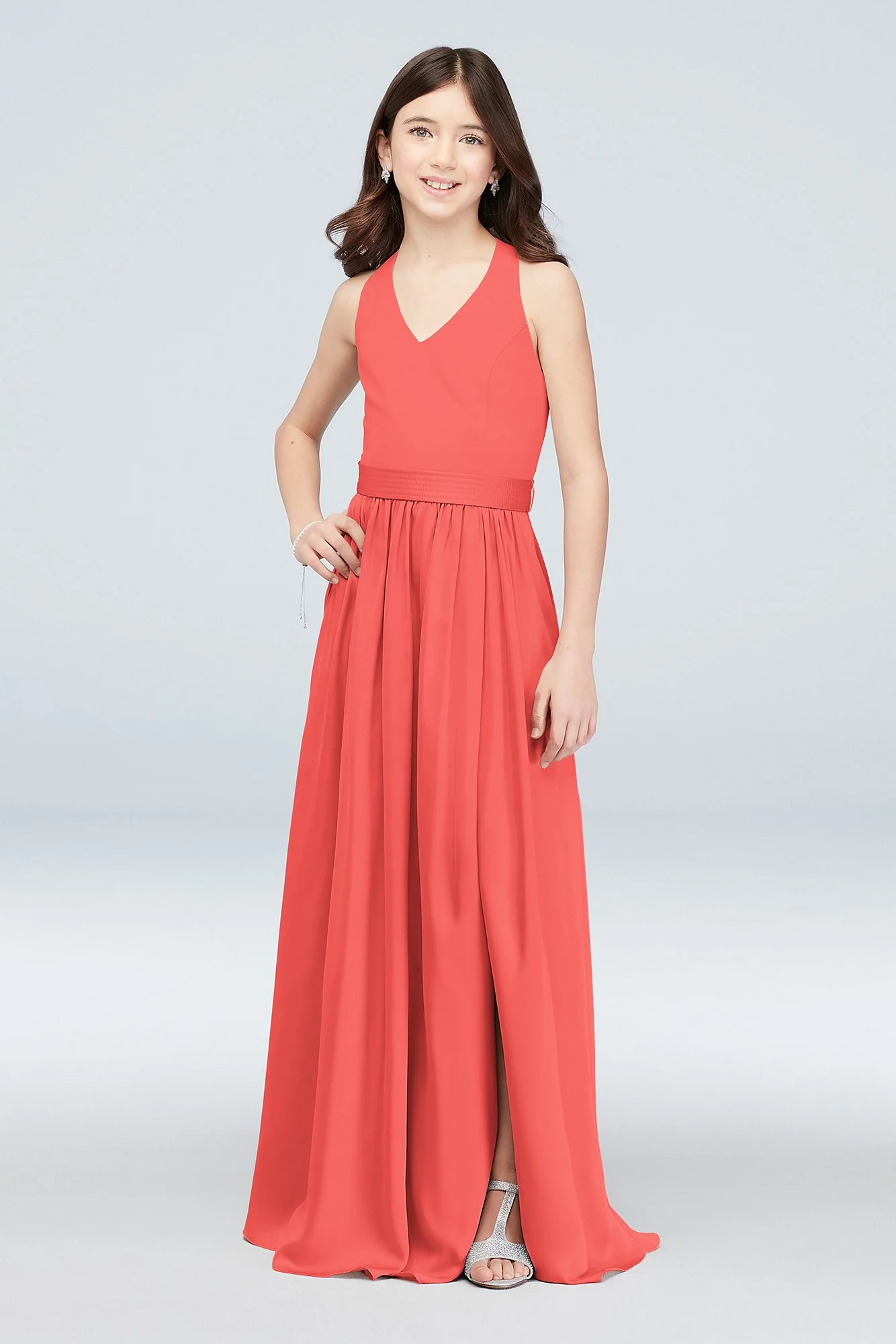 V-Neck Halter Junior Bridesmaid Dress with Sash - Image 42