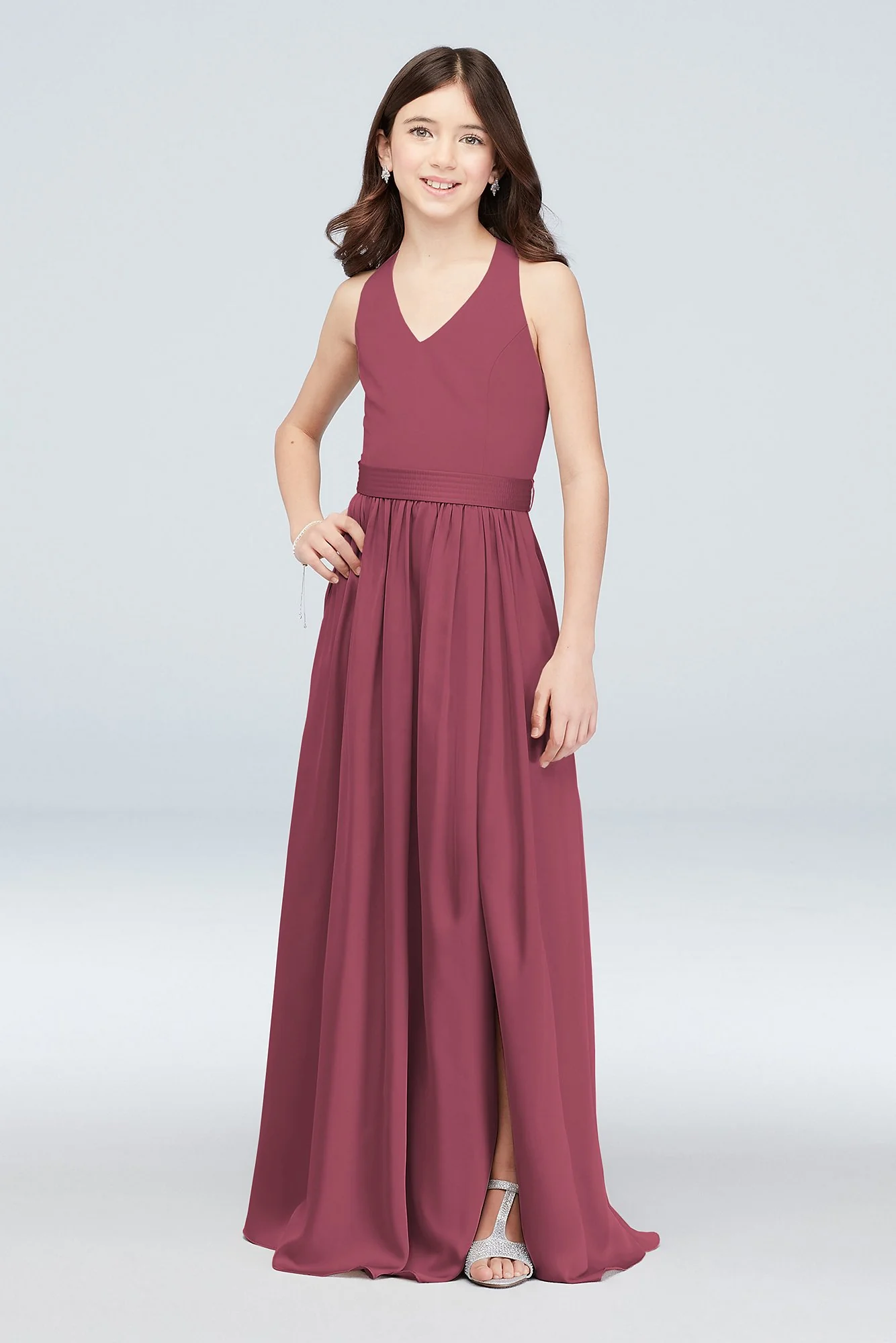V-Neck Halter Junior Bridesmaid Dress with Sash - Image 44