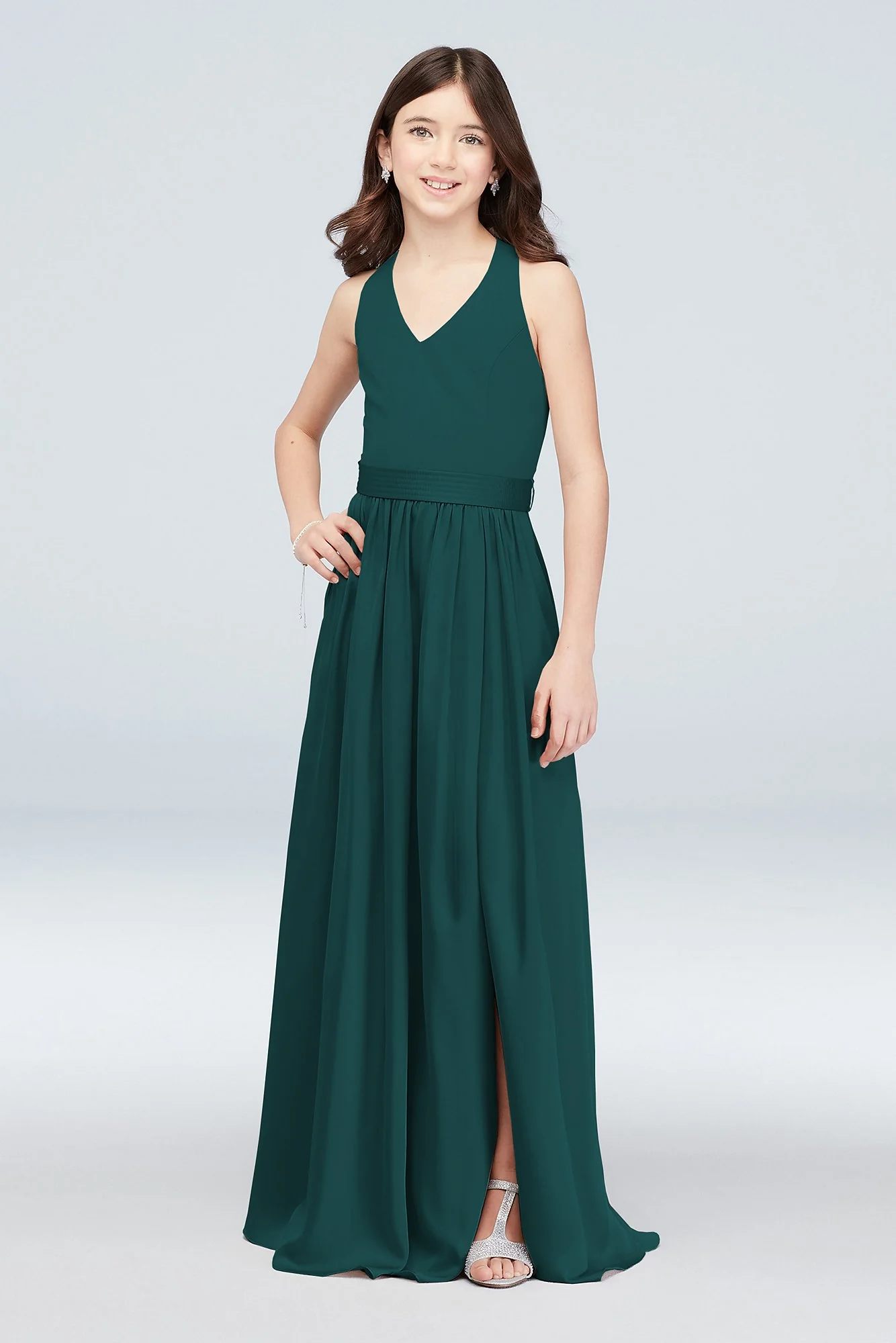 V-Neck Halter Junior Bridesmaid Dress with Sash - Image 45