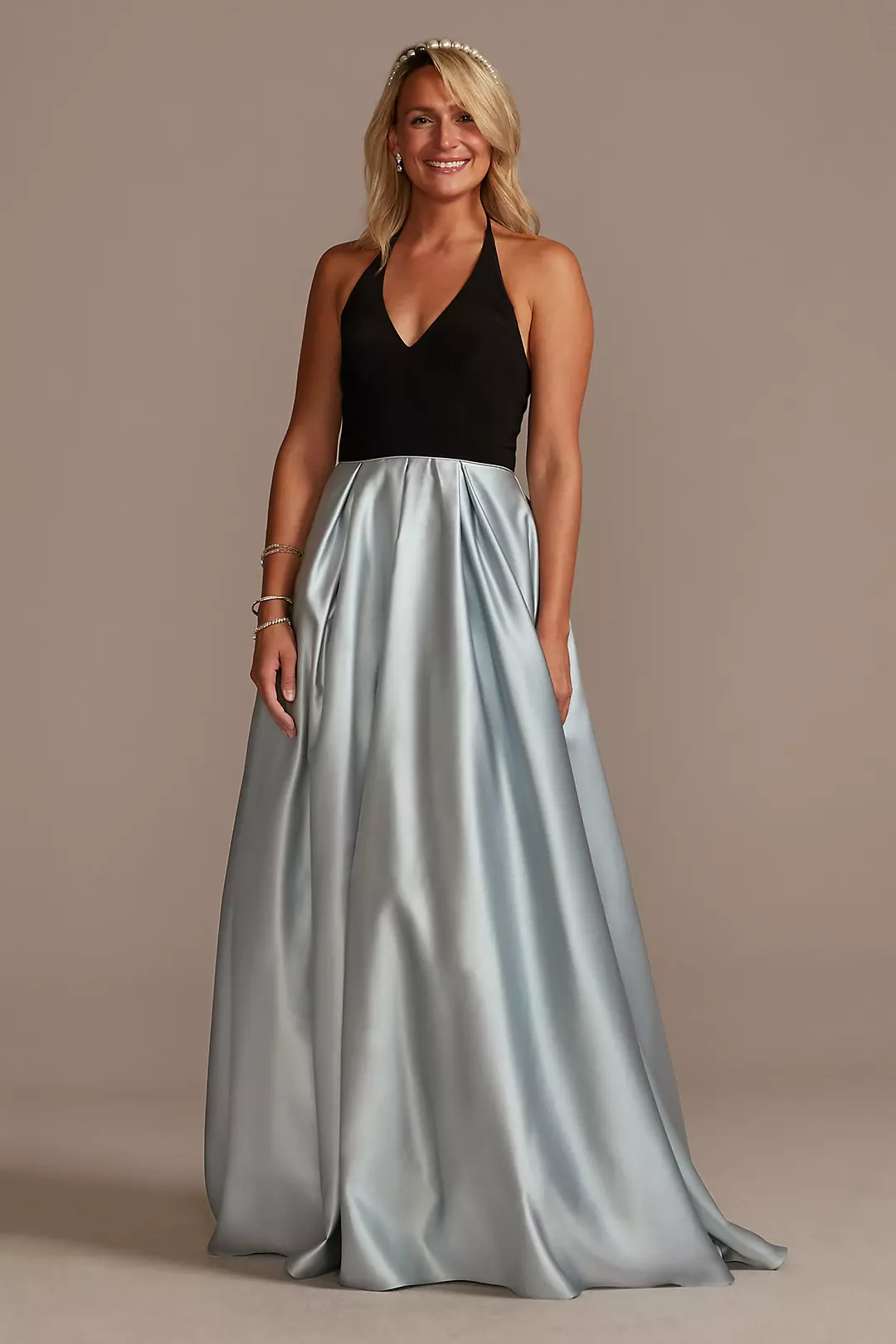 V-Neck Halter Satin Ball Gown with Pockets - Image 17