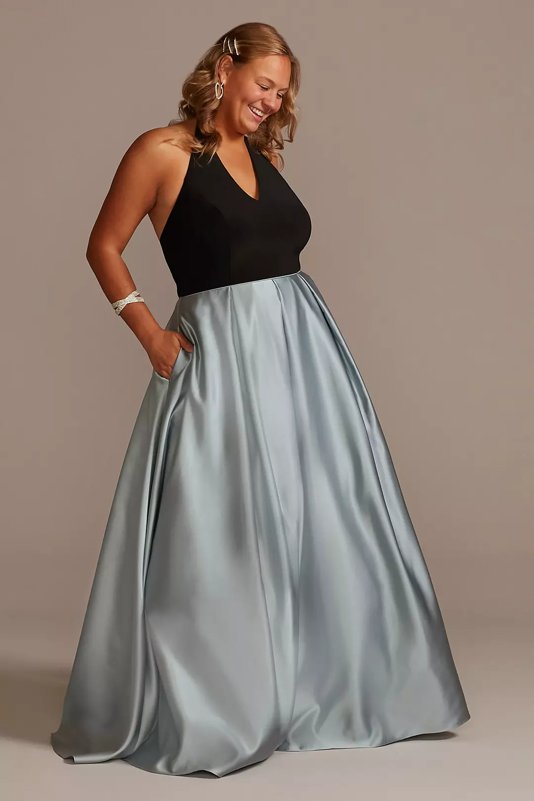 V-Neck Halter Satin Ball Gown with Pockets - Image 22