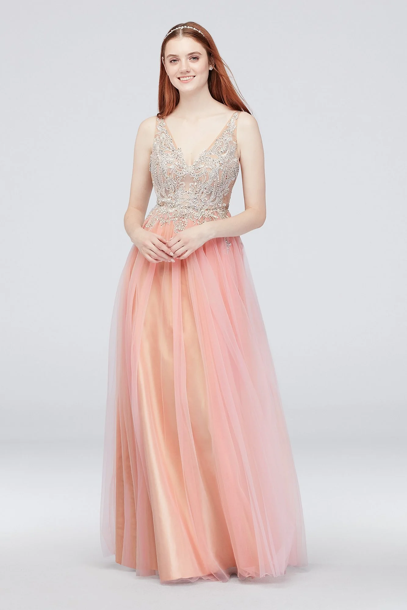 V-Neck Illusion Gown with Applique and Tulle