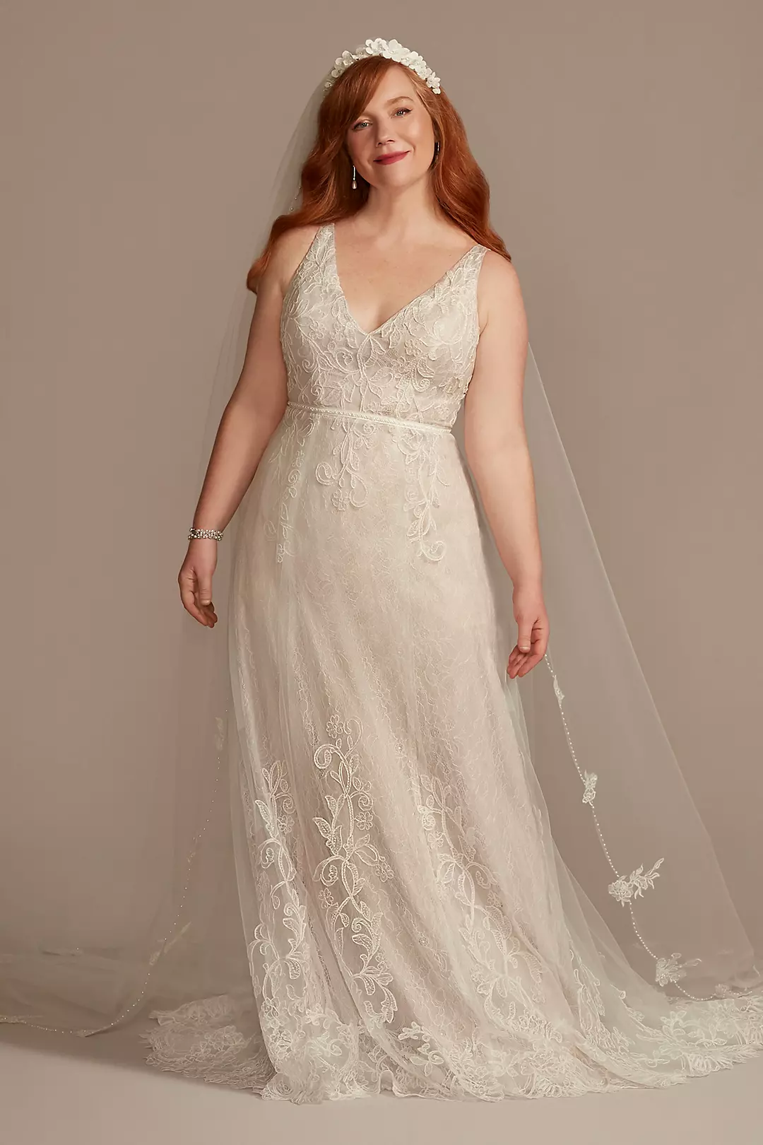 V-Neck Lace Plus Wedding Dress with Scallop Hem - Image 10