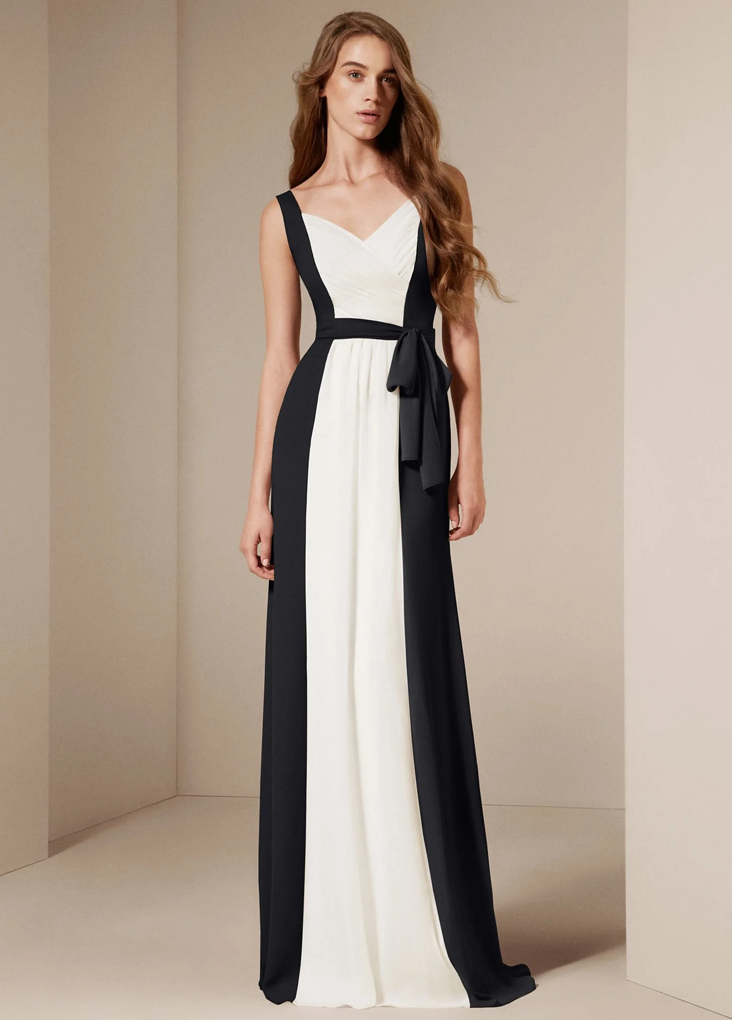 V-Neck Matte Crepe and Crinkle Chiffon Dress