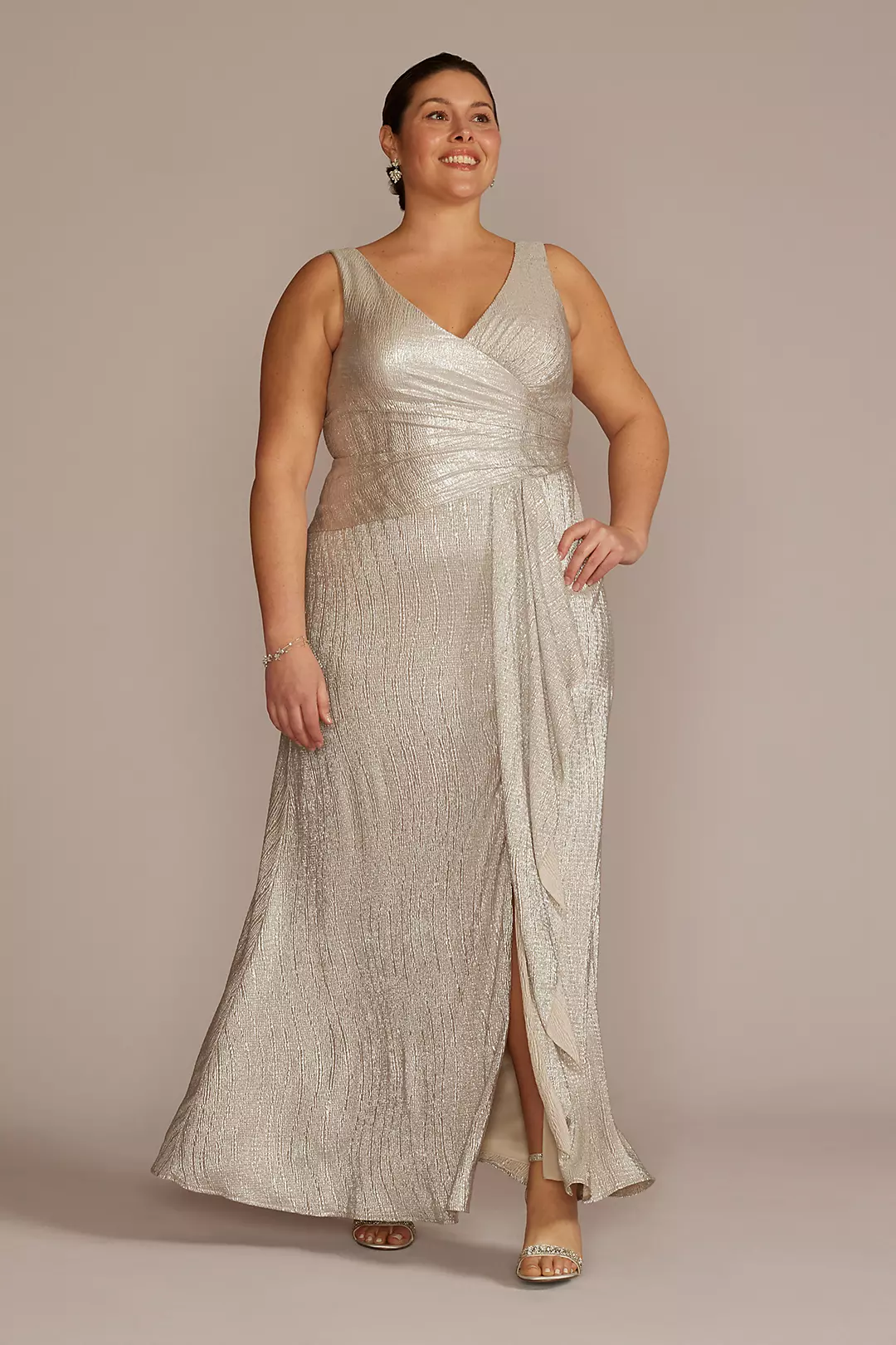 V-Neck Metallic Sheath Gown with Skirt Slit