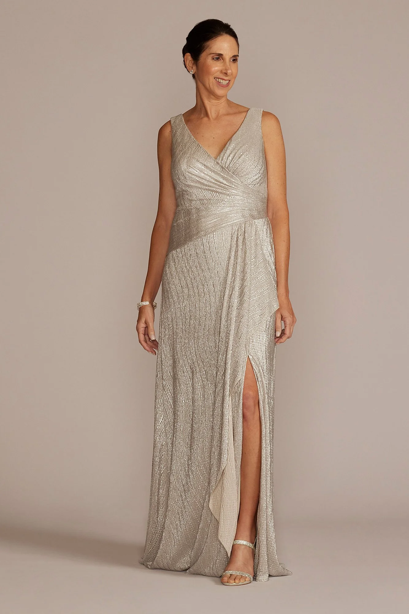 V-Neck Metallic Sheath Gown with Skirt Slit - Image 3